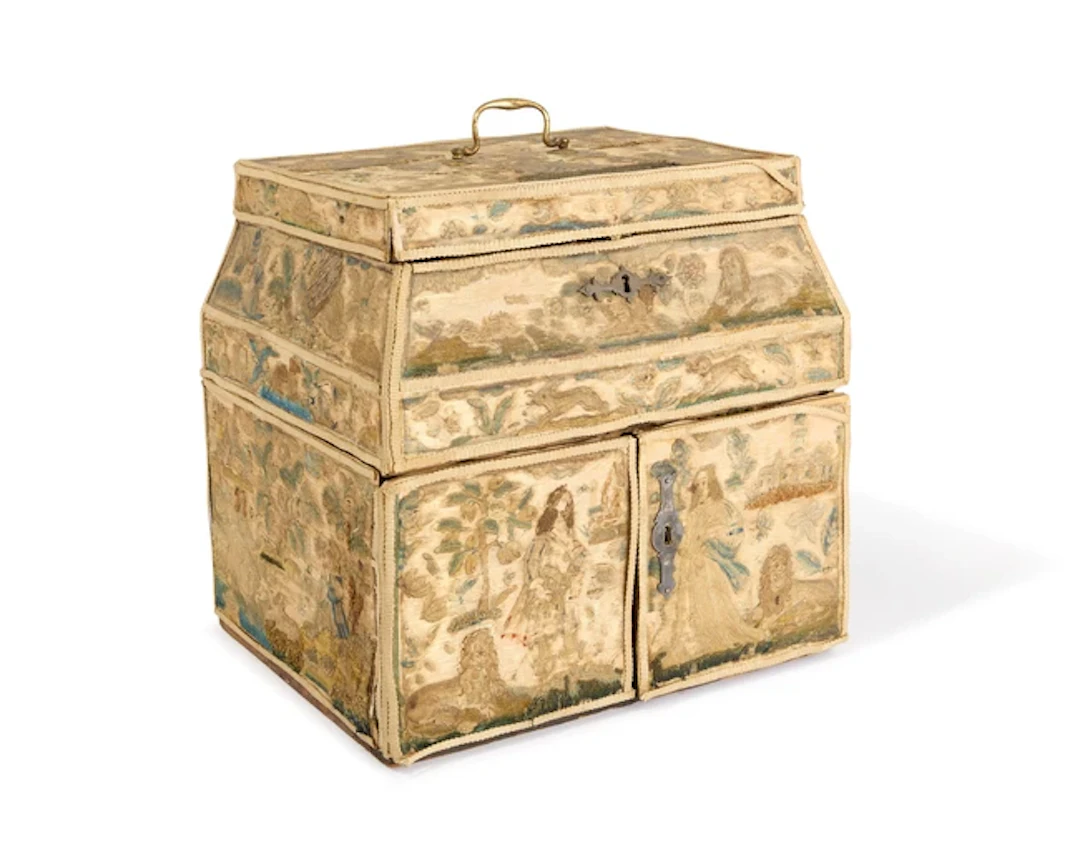 A Charles II silk embroidered casket