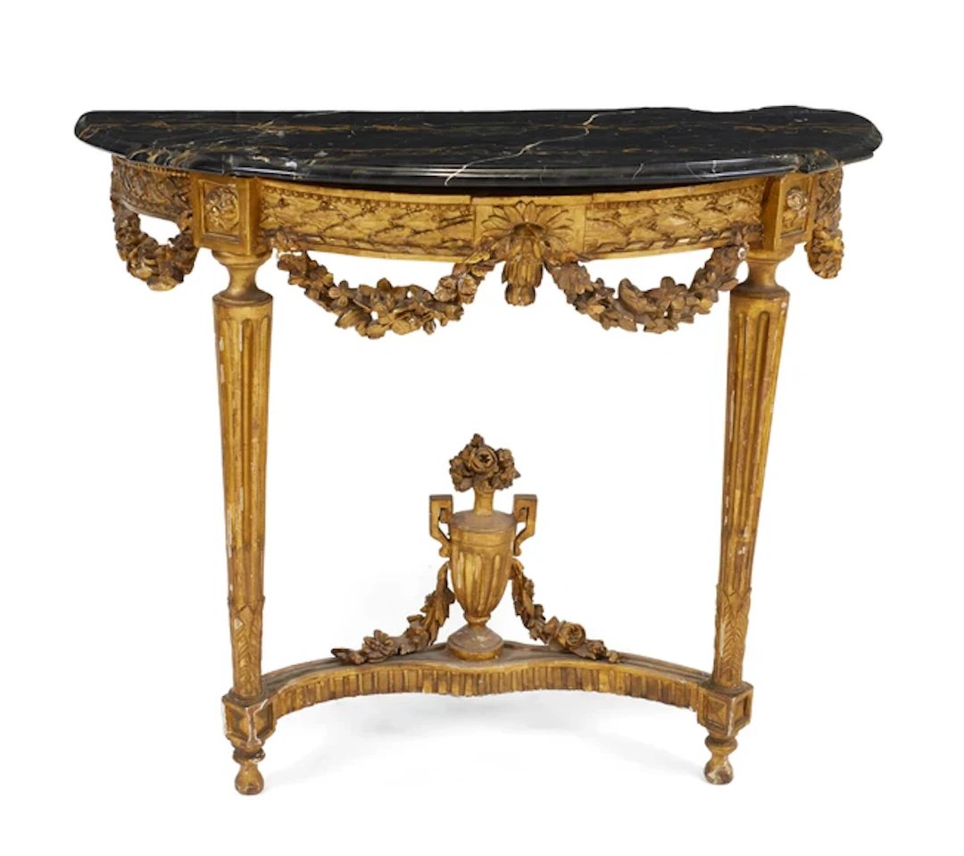 A French giltwood and gesso bow front console table