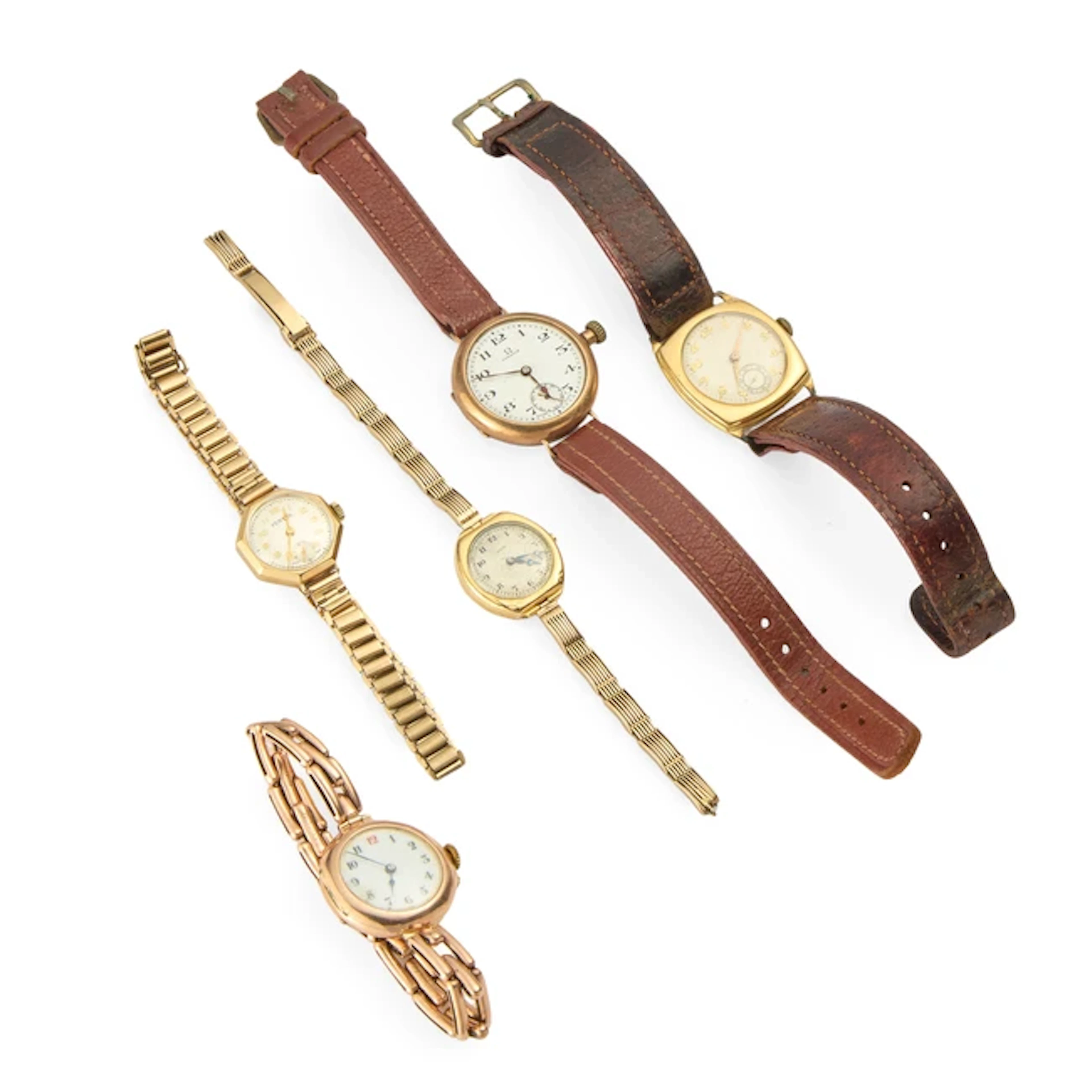 A group of five gold wristwatches and bracelet...