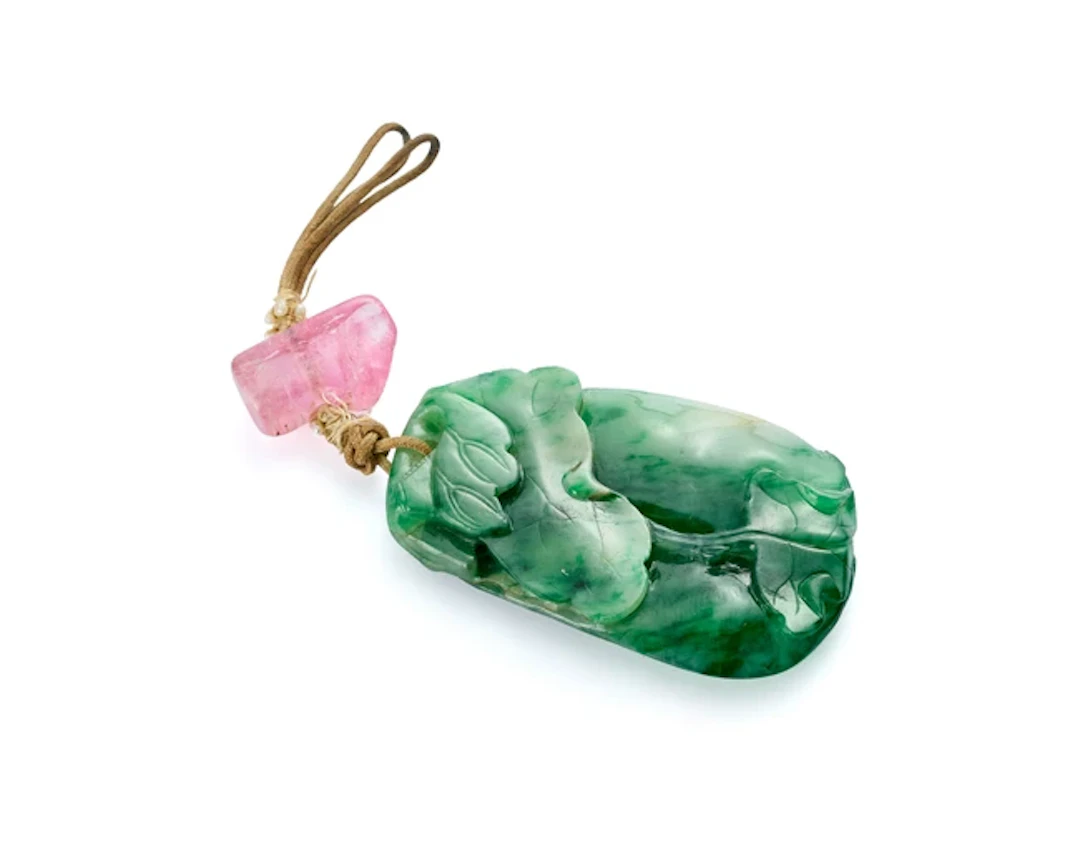 A Chinese jadeite and tourmaline 'pea pod' pendant Late...