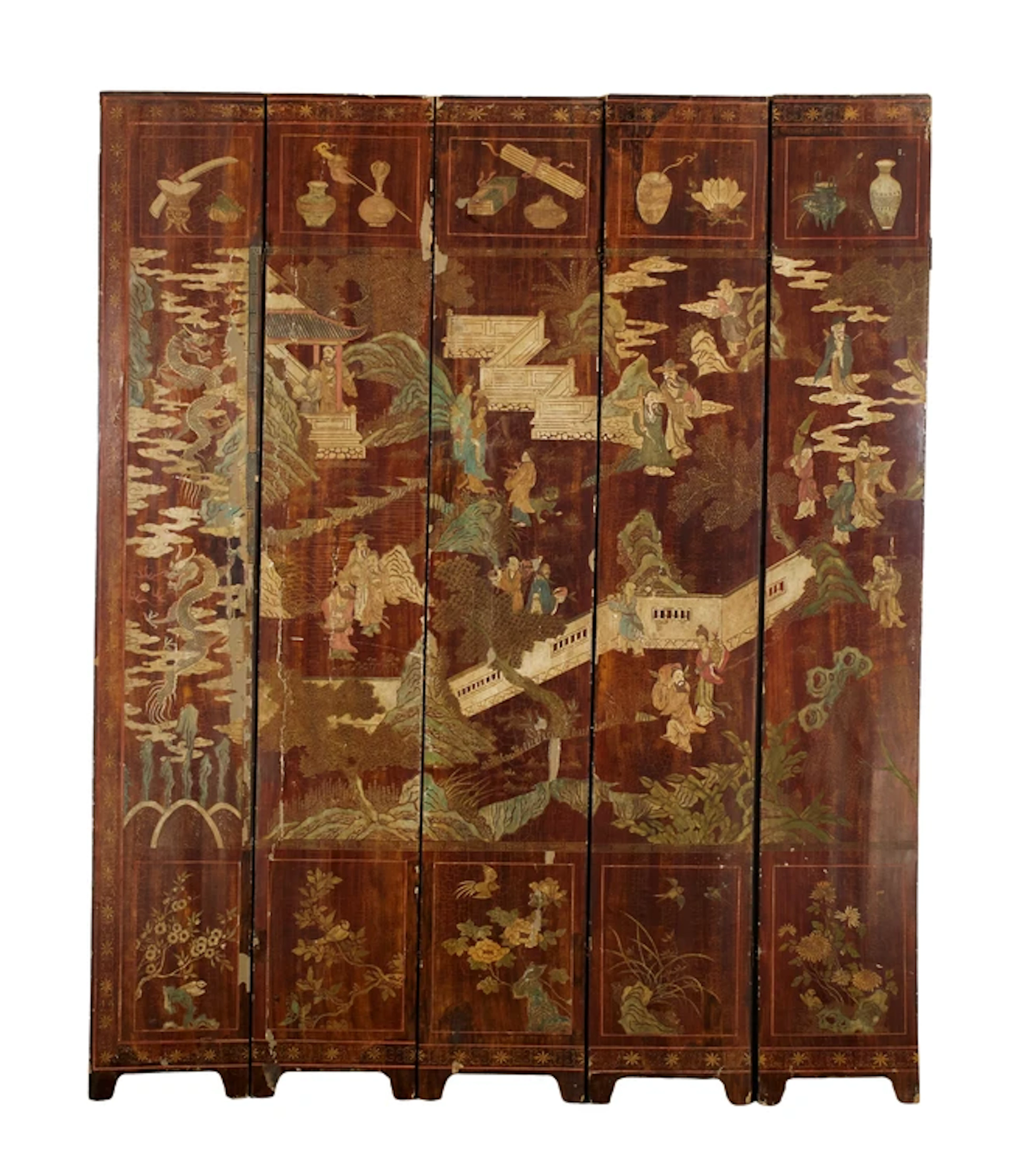 Five Chinese lacquer panels from a Coromandel screen Qing dynasty
