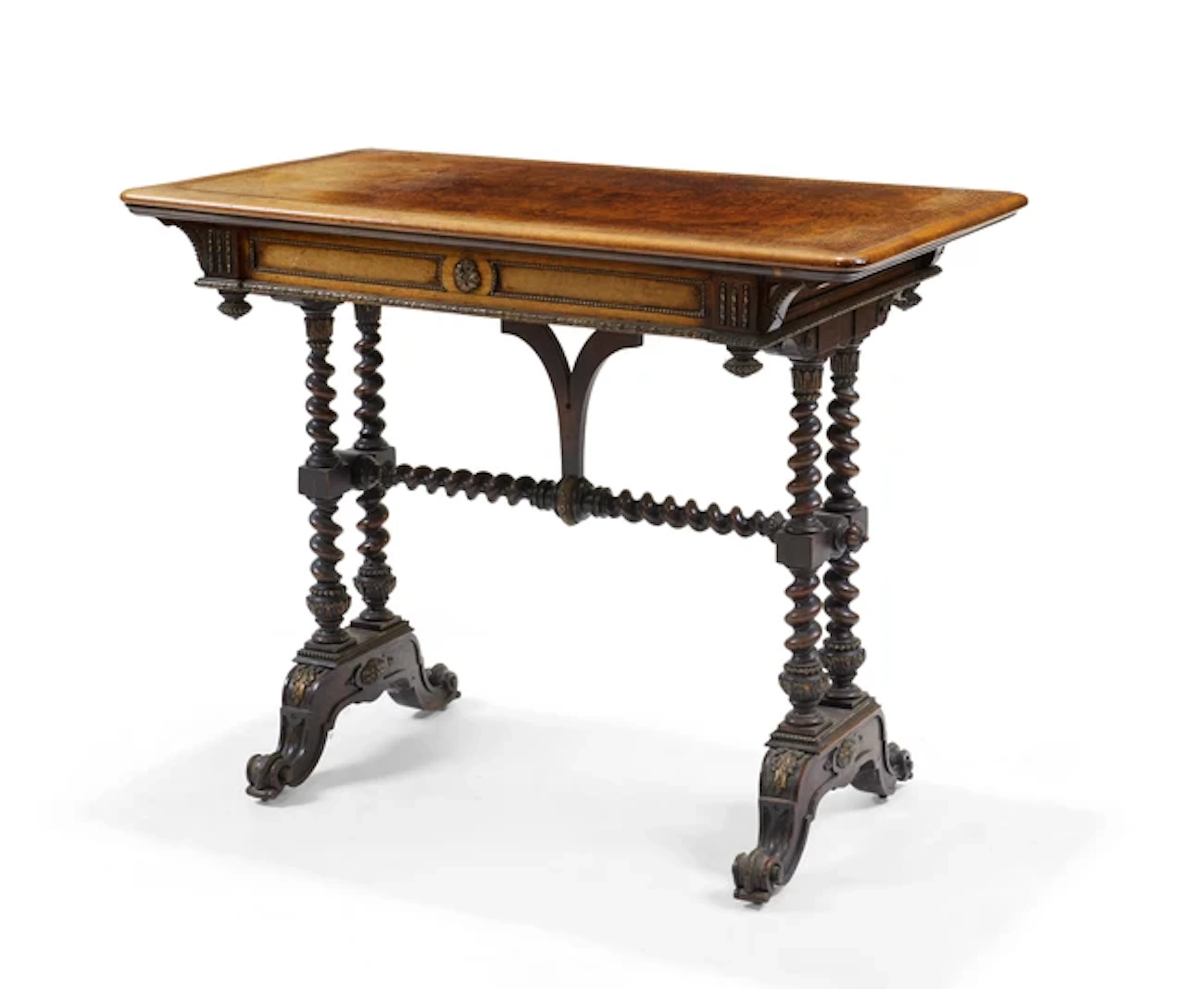 A Victorian gilt-metal mounted and parquetry crossbanded walnut library table