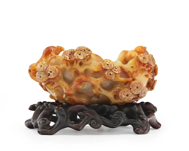 A Chinese agate 'pine' brush washer Qing dynasty Carved...