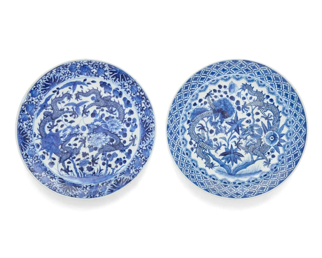 A near pair of Chinese blue and white dragon plates Qing dynasty