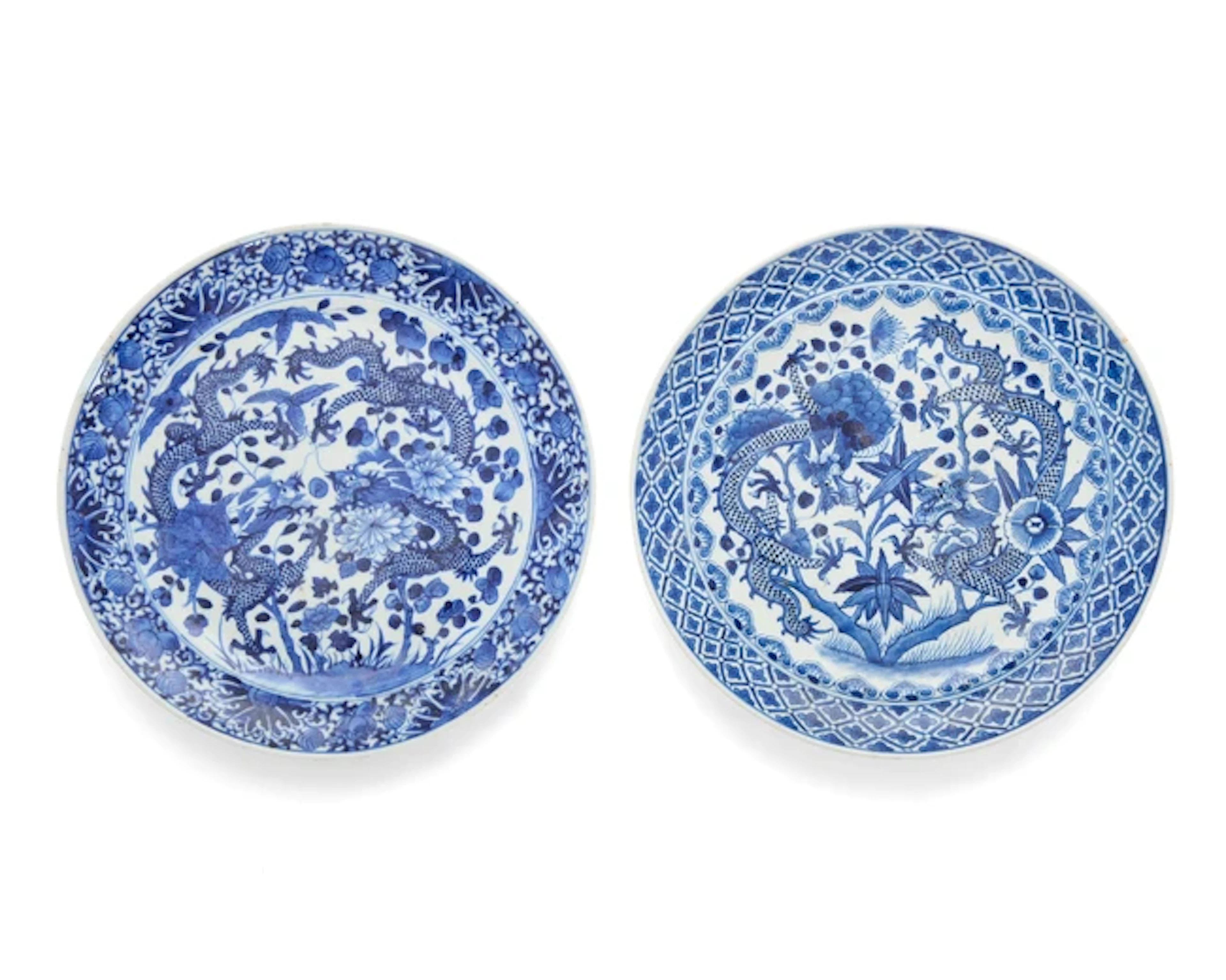 A near pair of Chinese blue and white dragon plates Qing dynasty