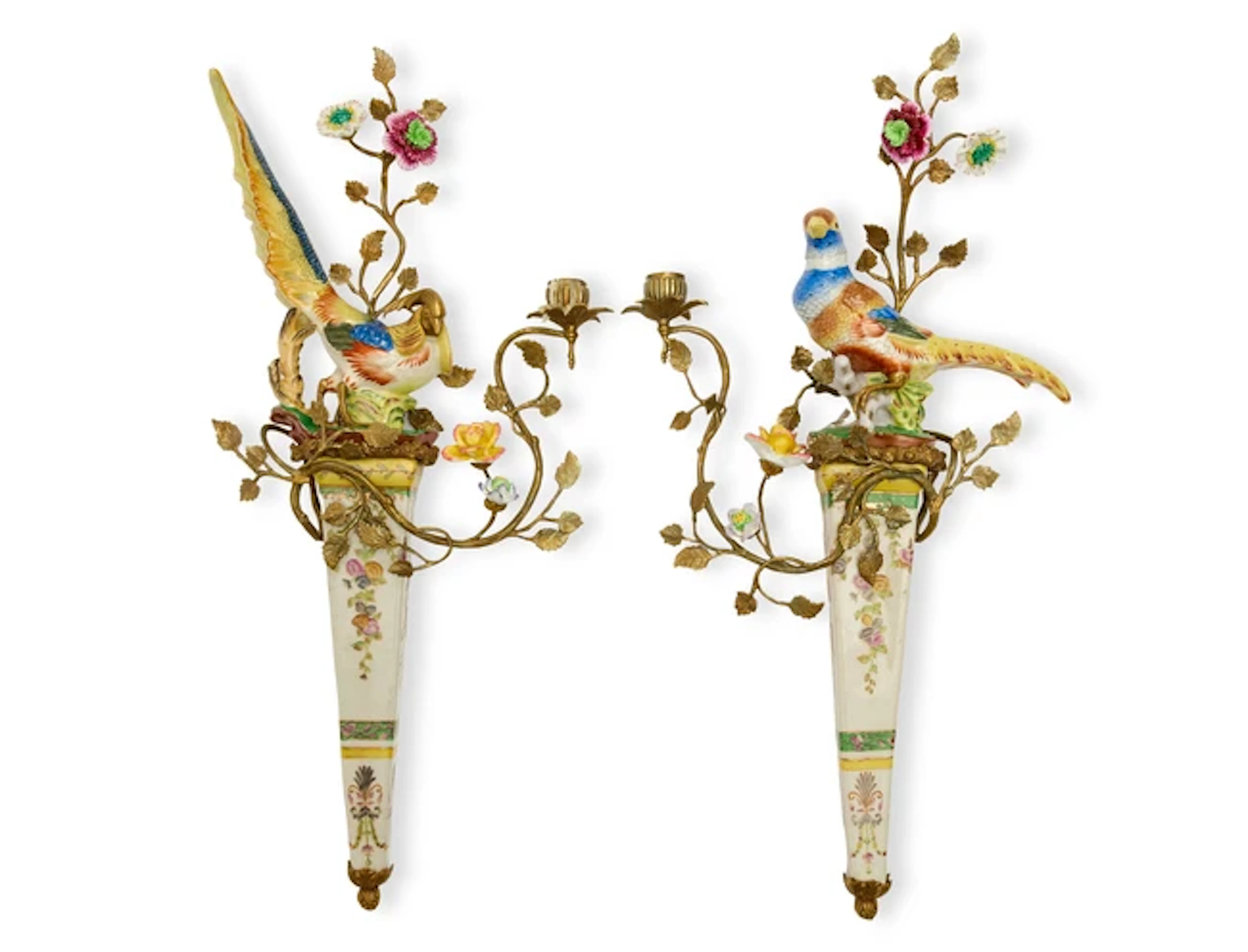A pair of gilt-metal mounted porcelain twin-light wall lights