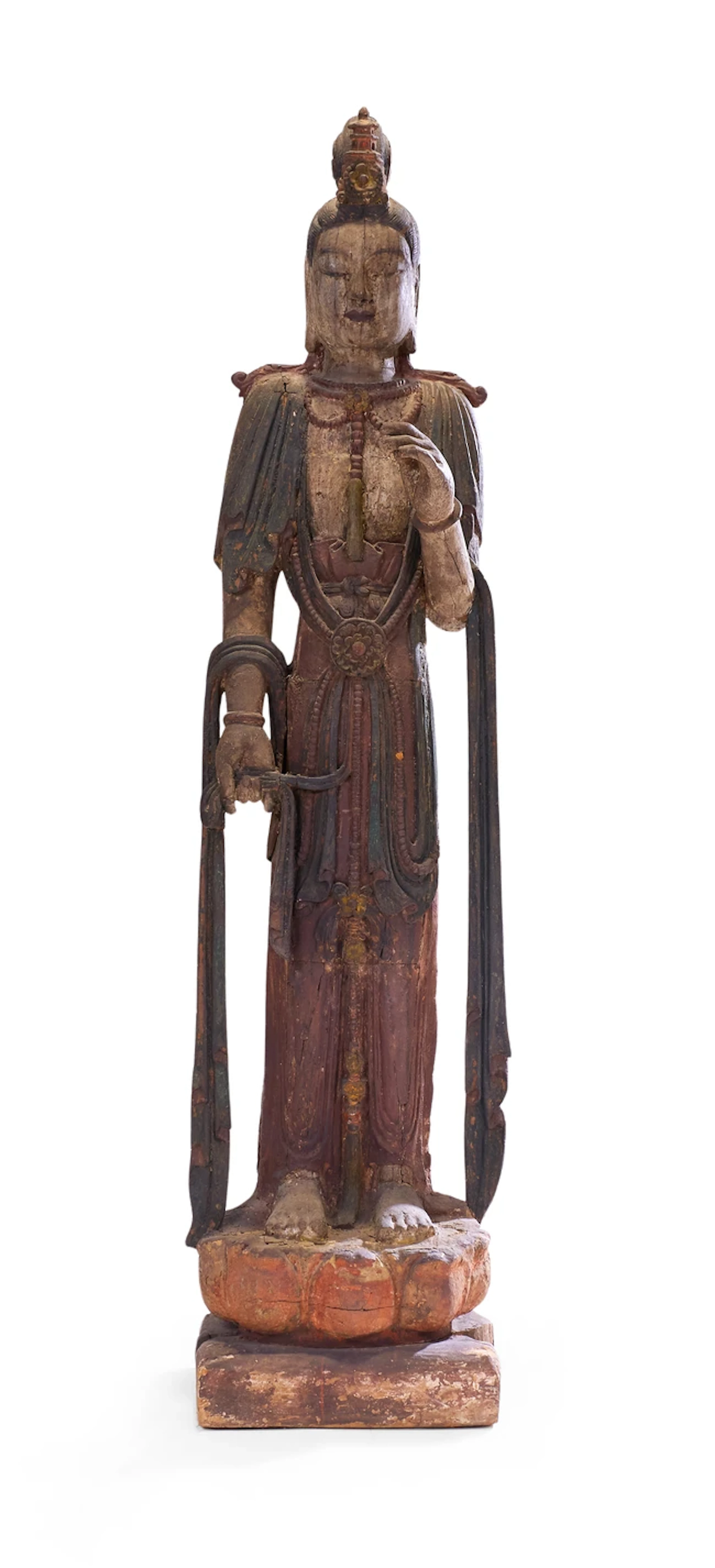 A large Chinese carved wood and painted gesso figure of Guanyin Ming dynasty