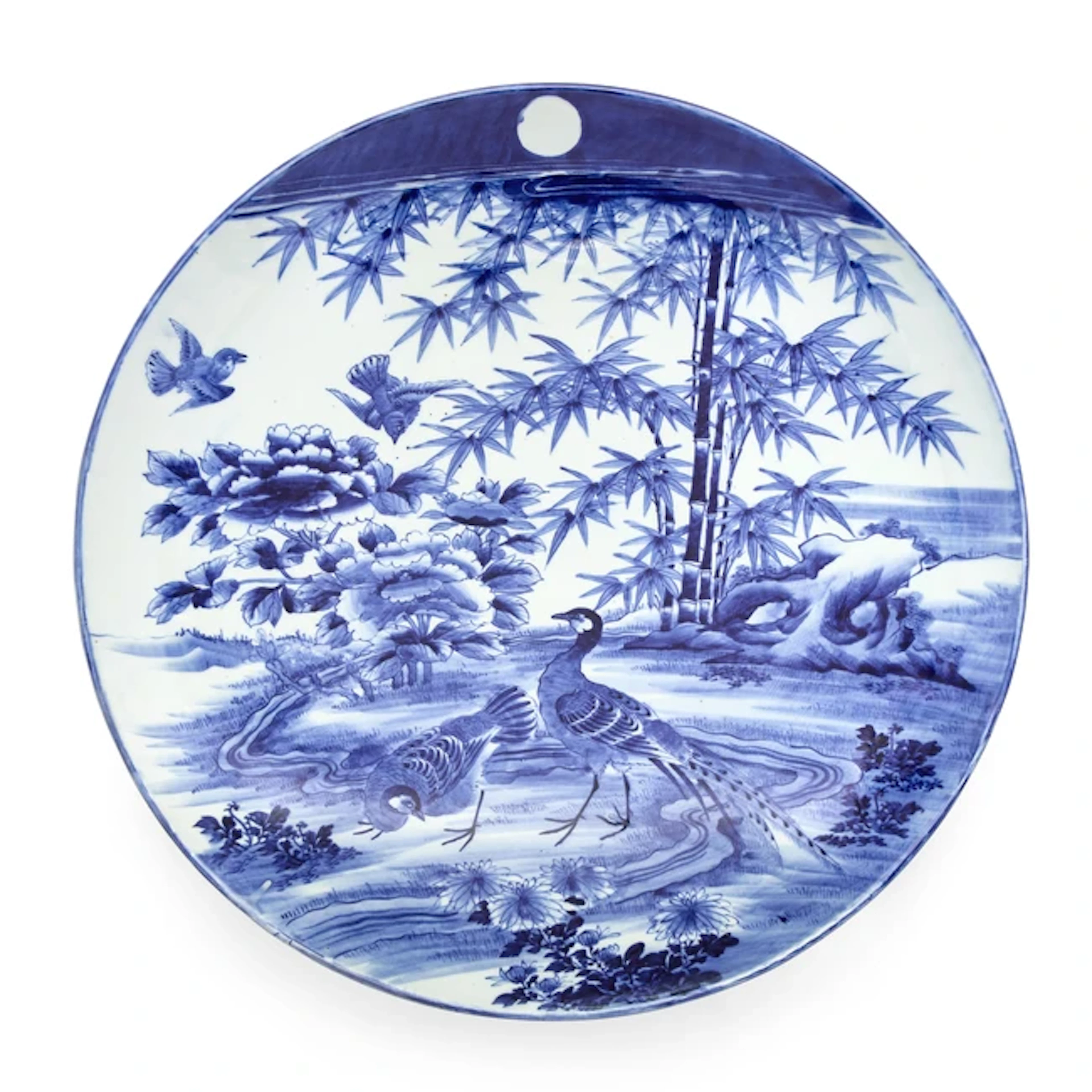 A massive Japanese blue and white 'birds' plate Meiji...