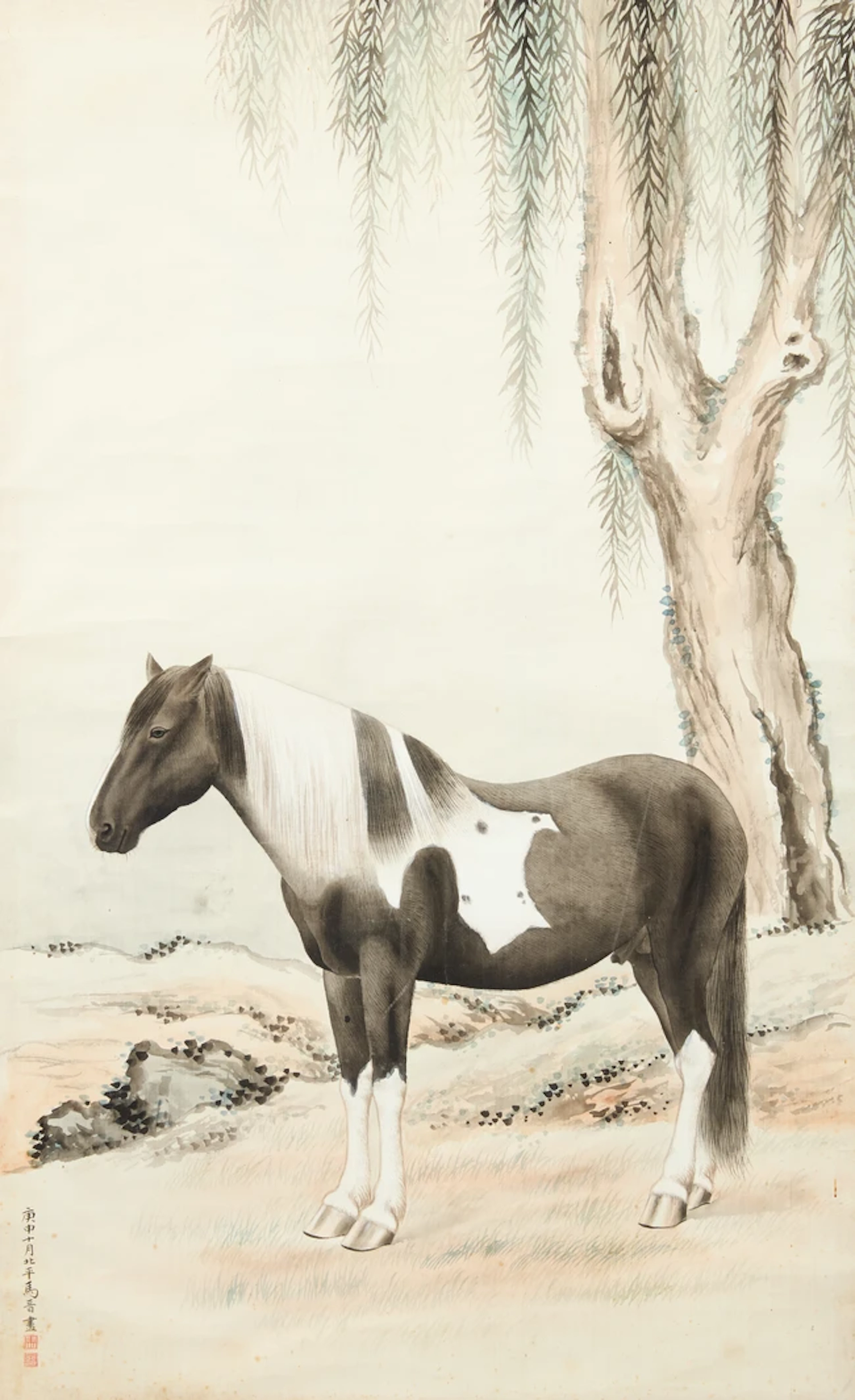 Ma Jin (1900-1970) Horse and willow Ink and colour on silk