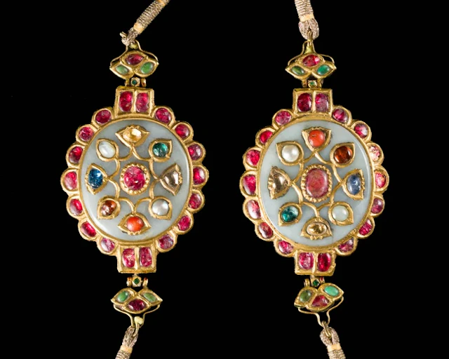 Two enamelled foiled hardstones inset jade navratna bazubands