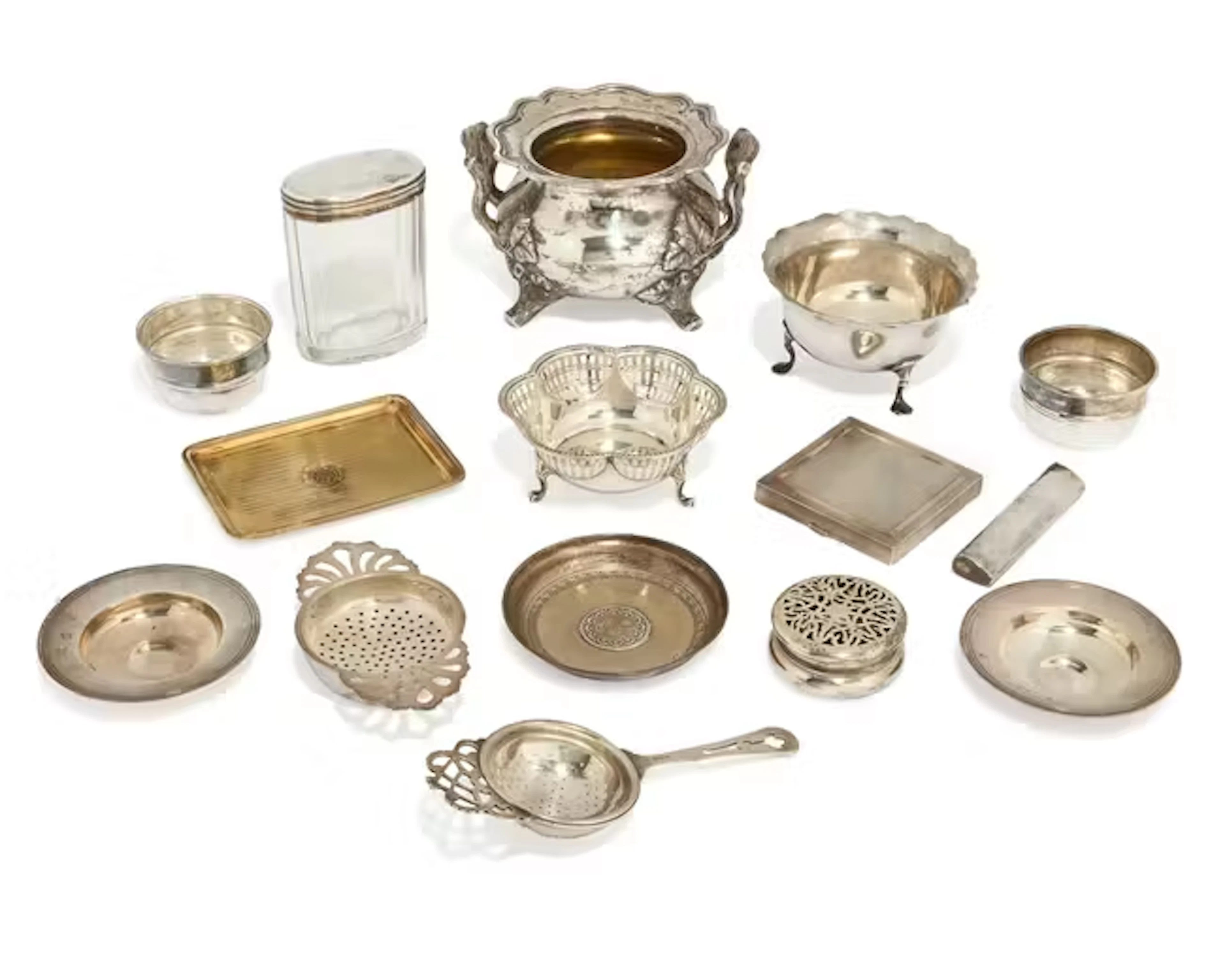 A group of silver including a German silver sugar bowl