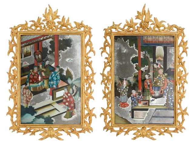A pair of Chinese reverse mirror paintings with gilt frames Qing dynasty