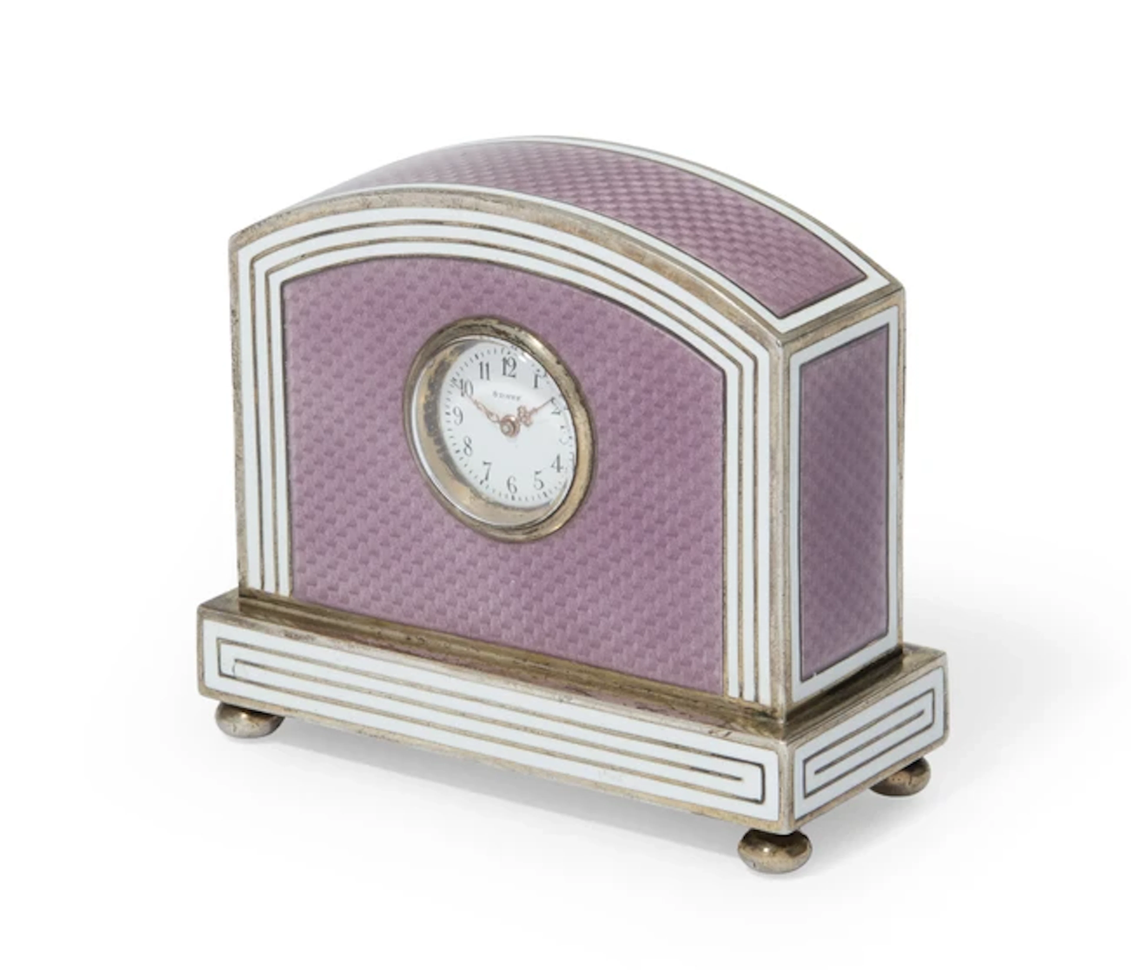 A Continental silver and guilloche enamel table clock