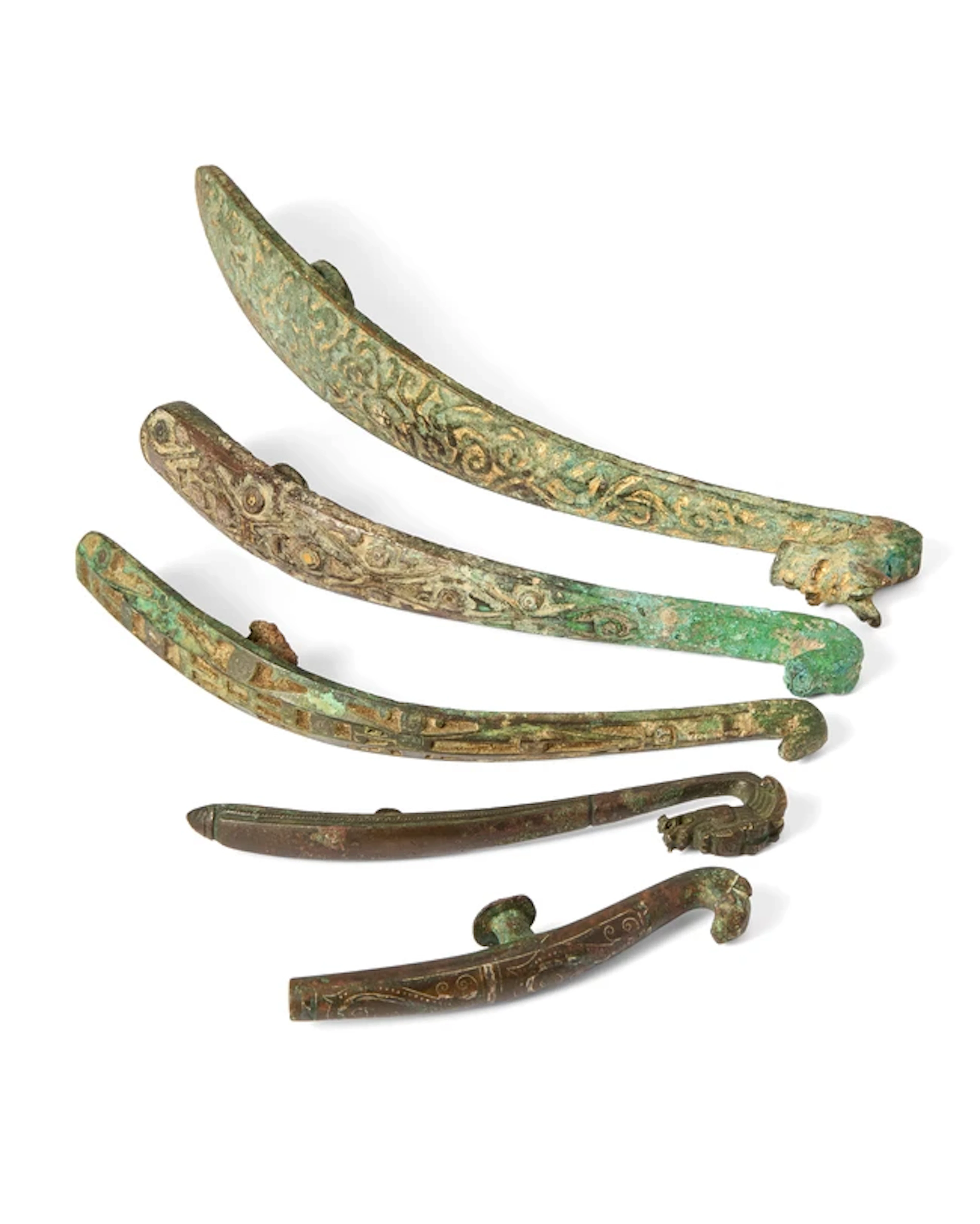 Five Chinese bronze belt hooks Han dynasty - 20th century...