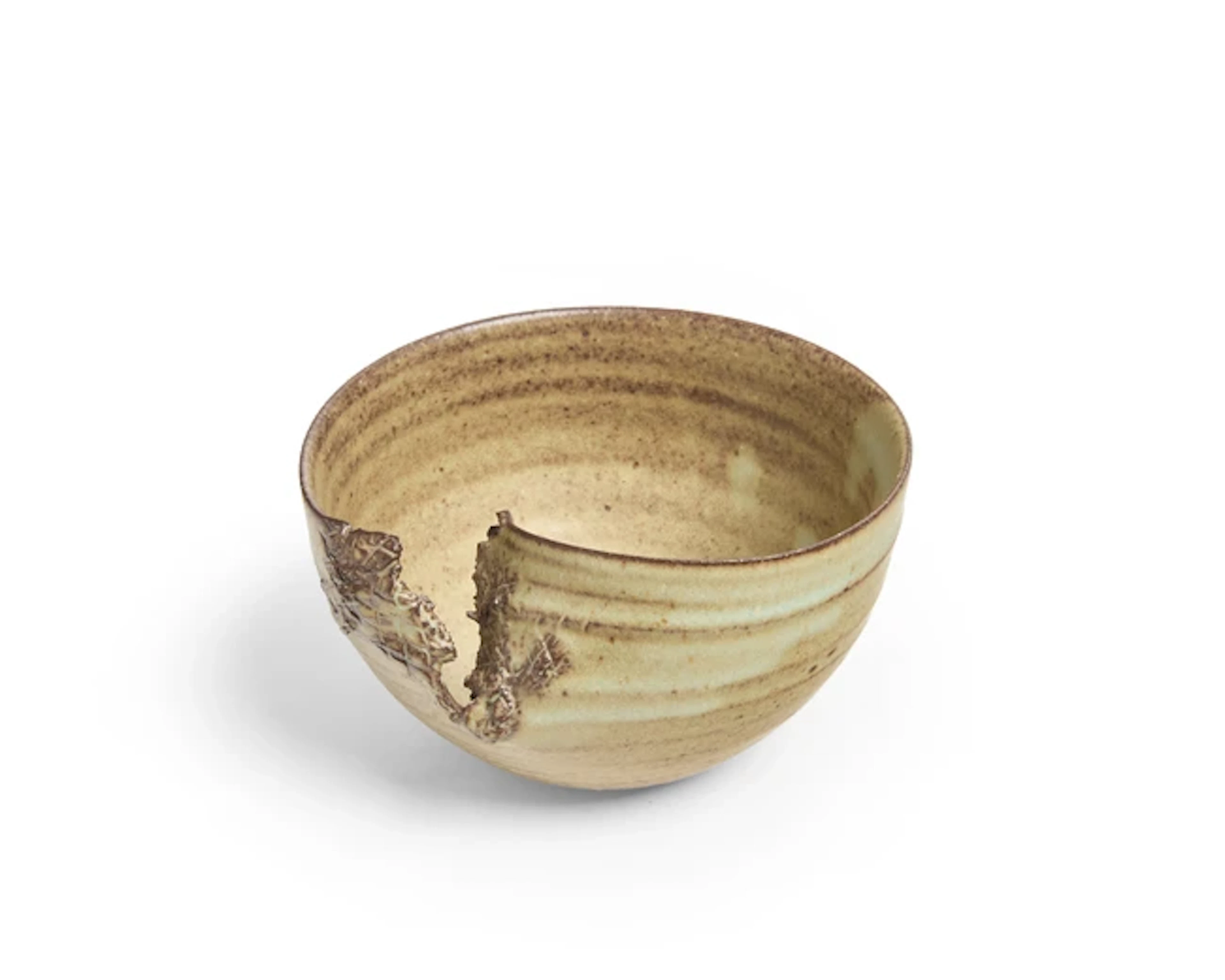 A torn stoneware bowl with olive green glaze and 'seed pod' by Hyejeong Kim