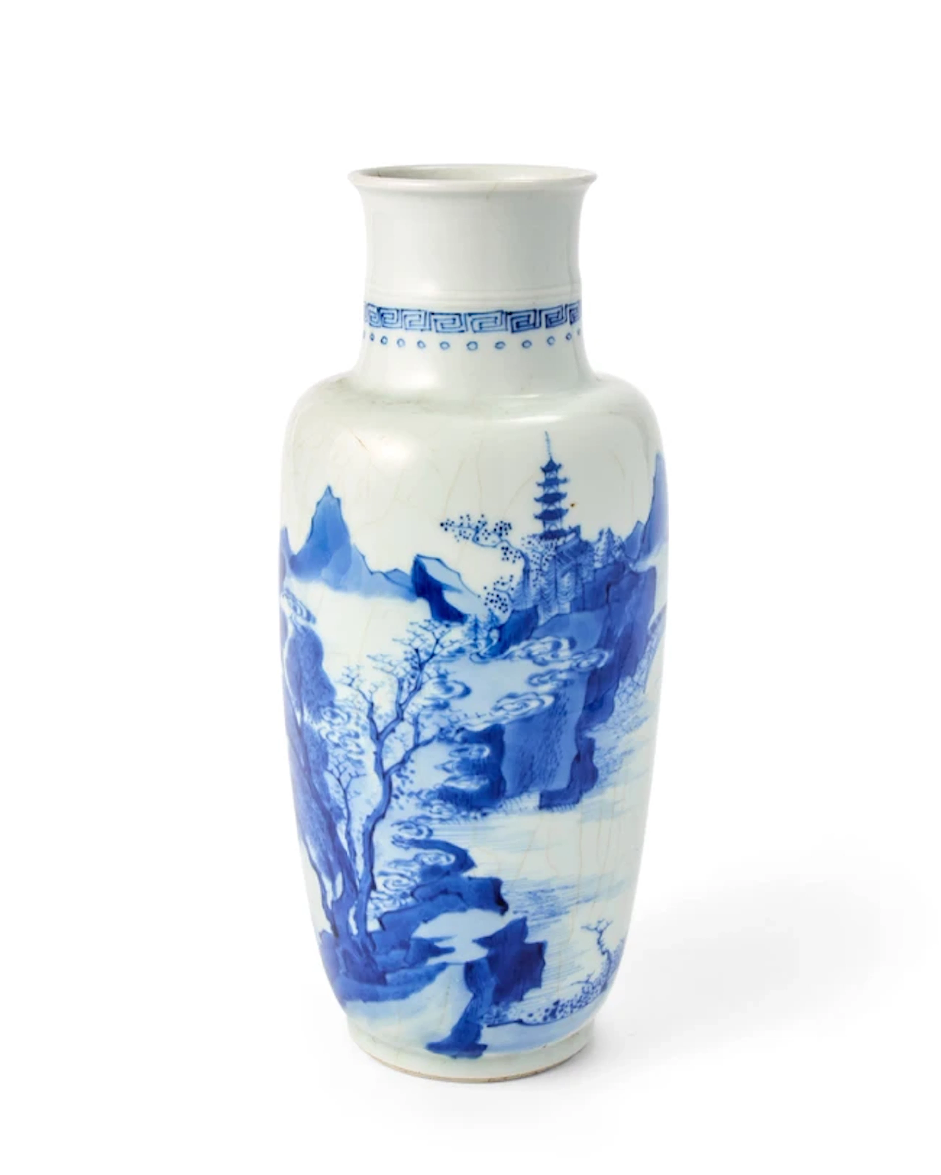A Chinese blue and white 'landscape' rouleau vase Qing dynasty