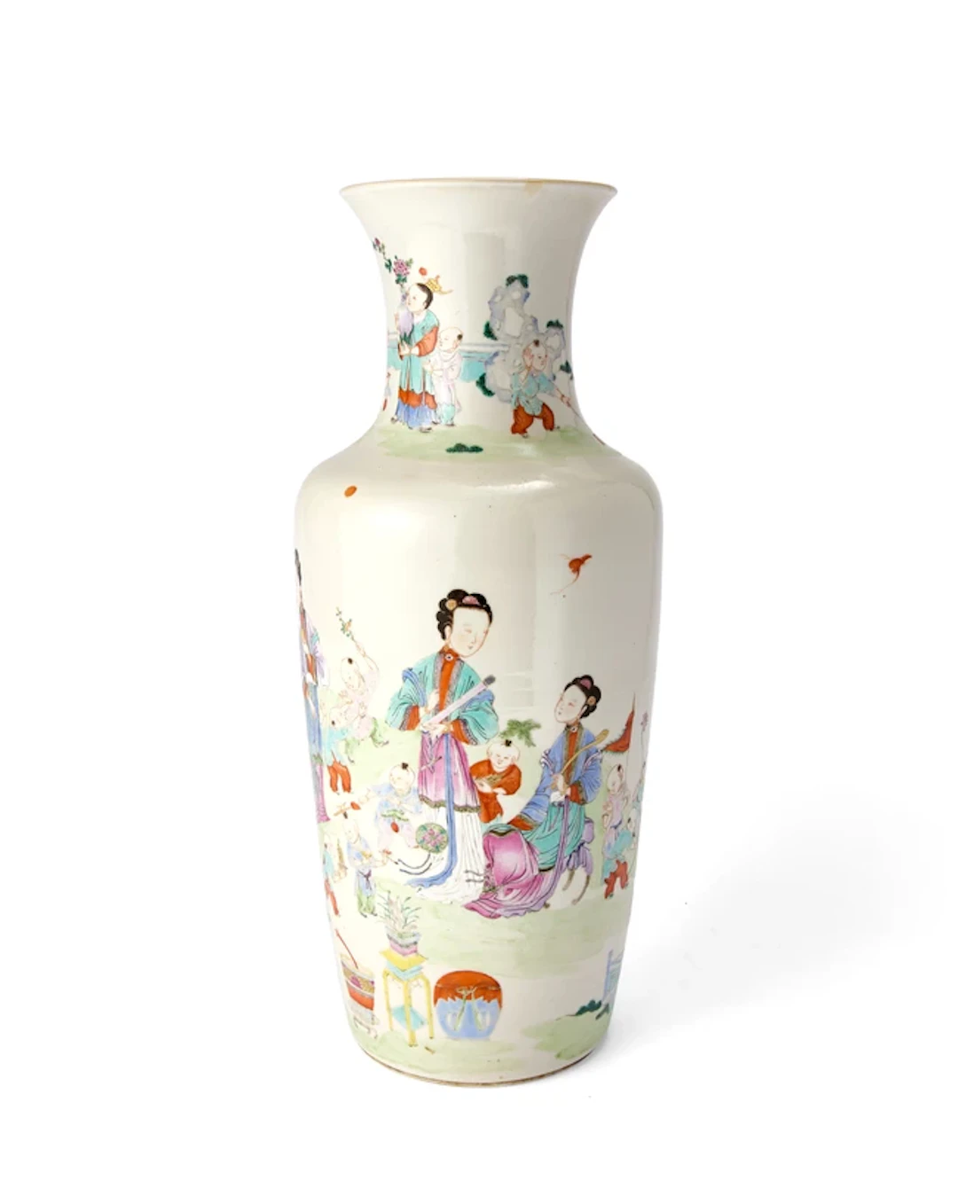 A Chinese famille rose 'ladies and boys' rouleau vase Qing dynasty