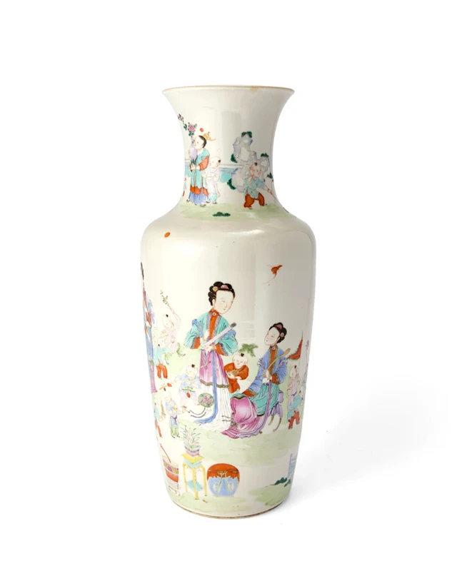 A Chinese famille rose 'ladies and boys' rouleau vase Qing dynasty