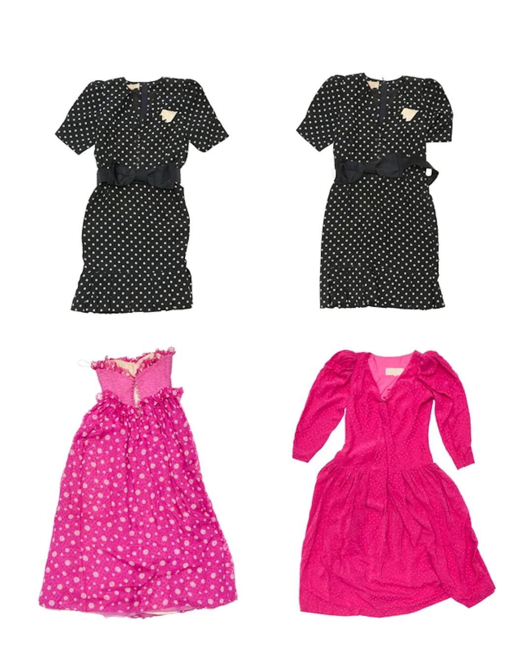 A collection of four polka-dot dresses