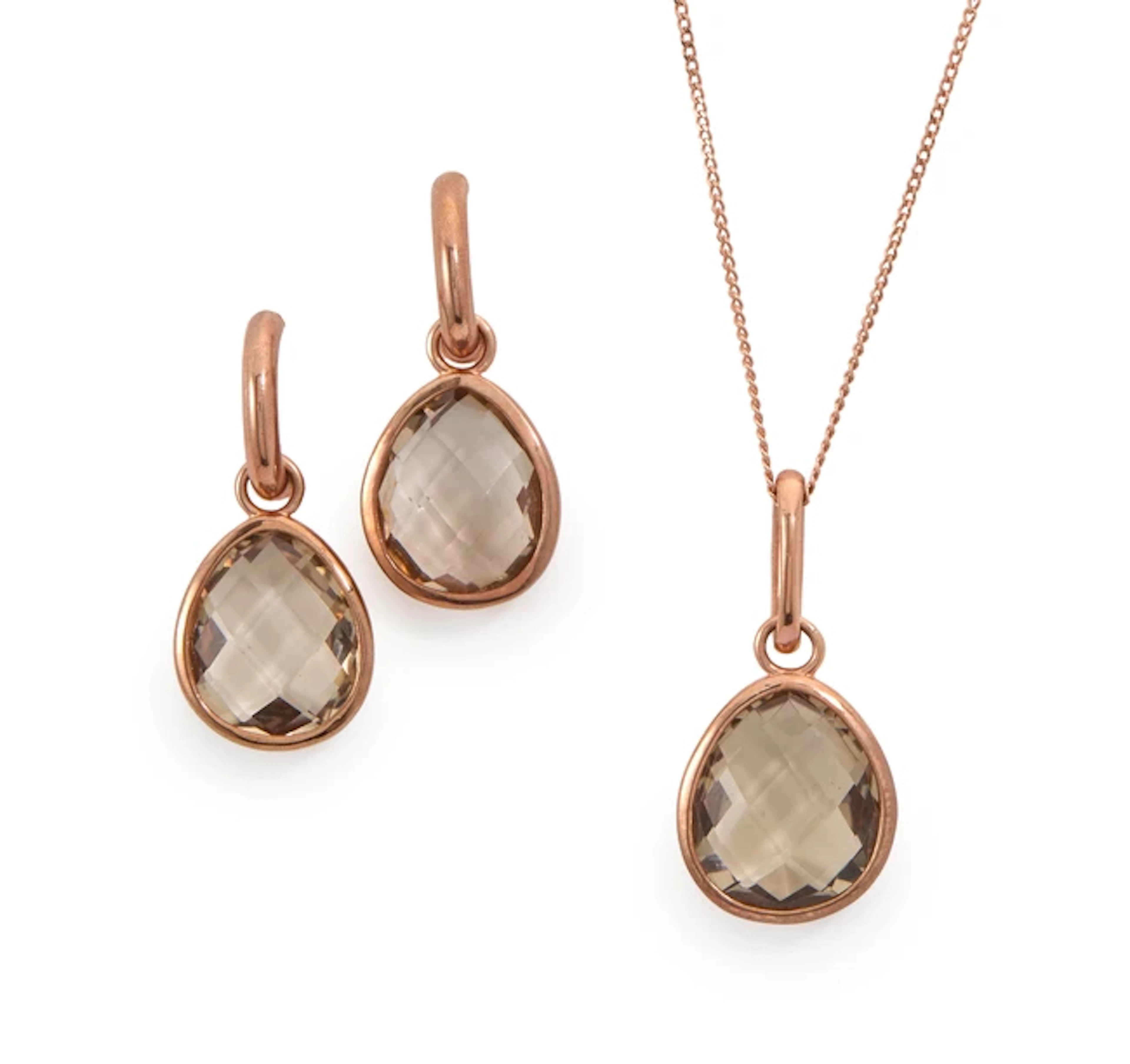 A 9ct rose gold smoky quartz earring and pendant necklace set