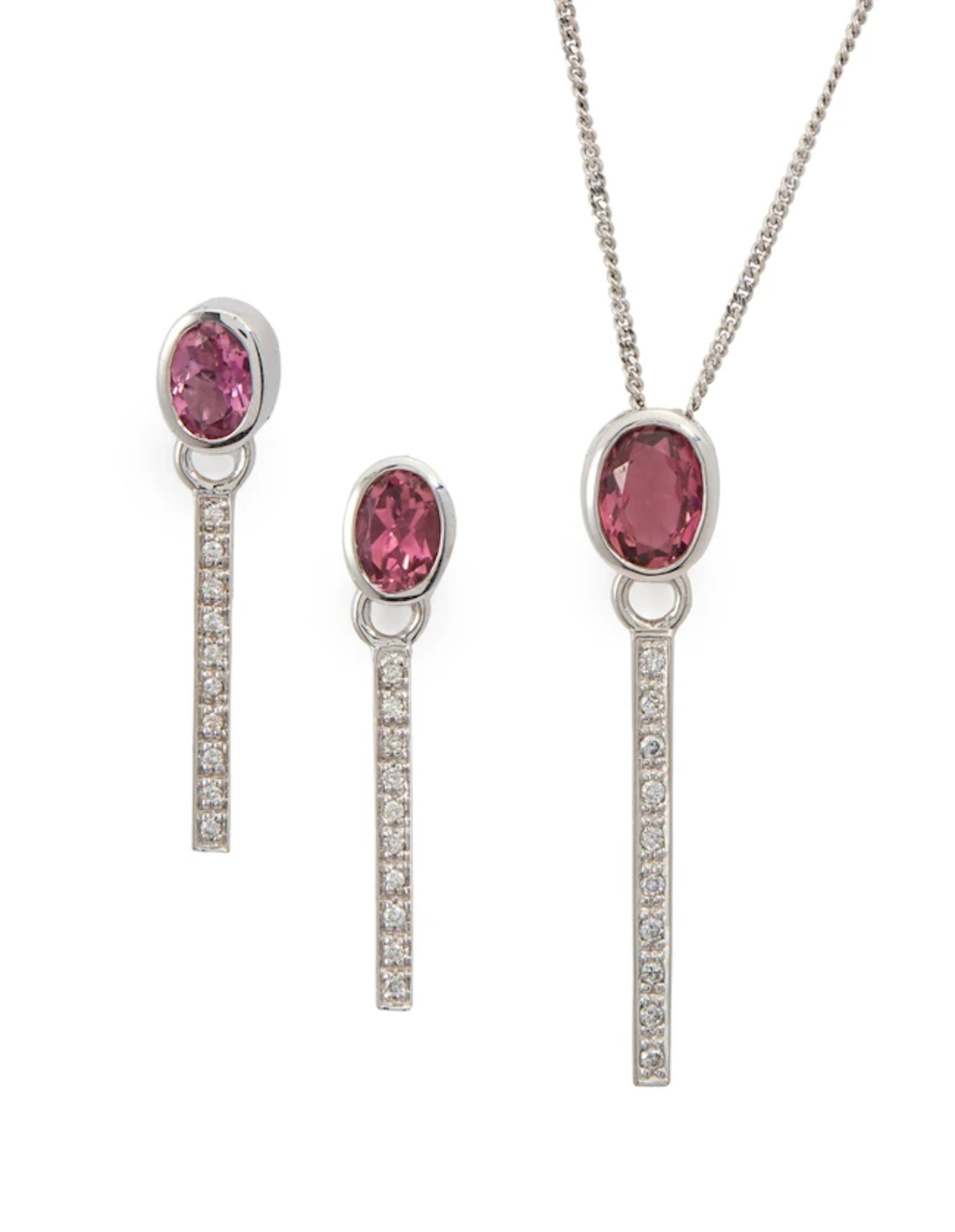 An 18ct white gold pink tourmaline and diamond earring and necklace set
