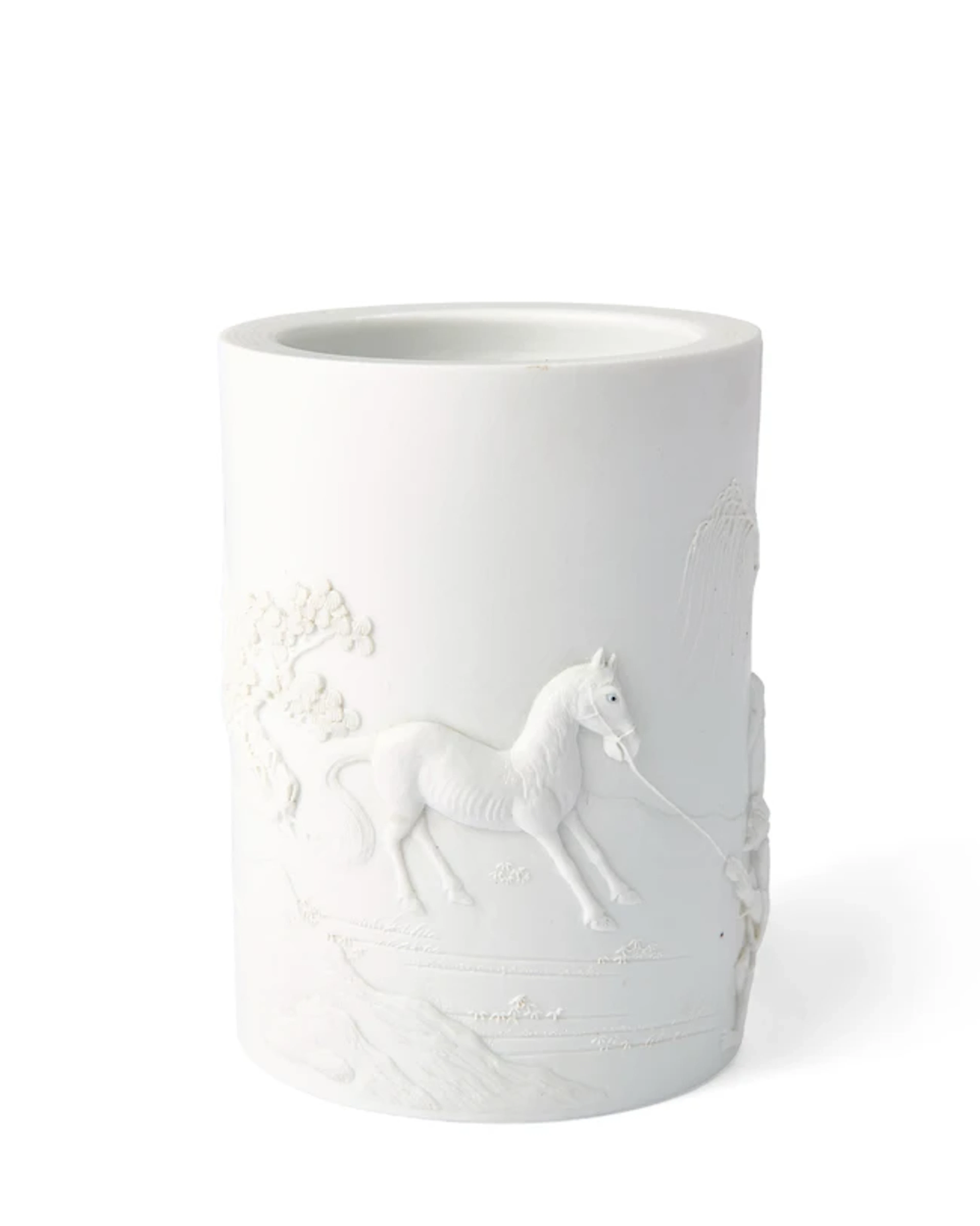 A Chinese carved white biscuit porcelain brushpot