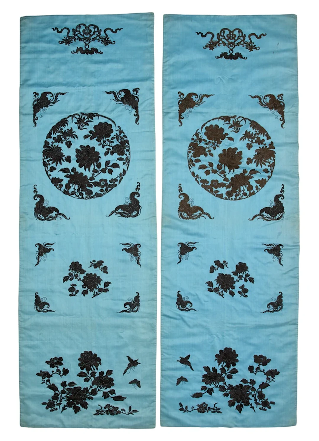 A pair of Chinese silk embroidered chair backs Late Qing...