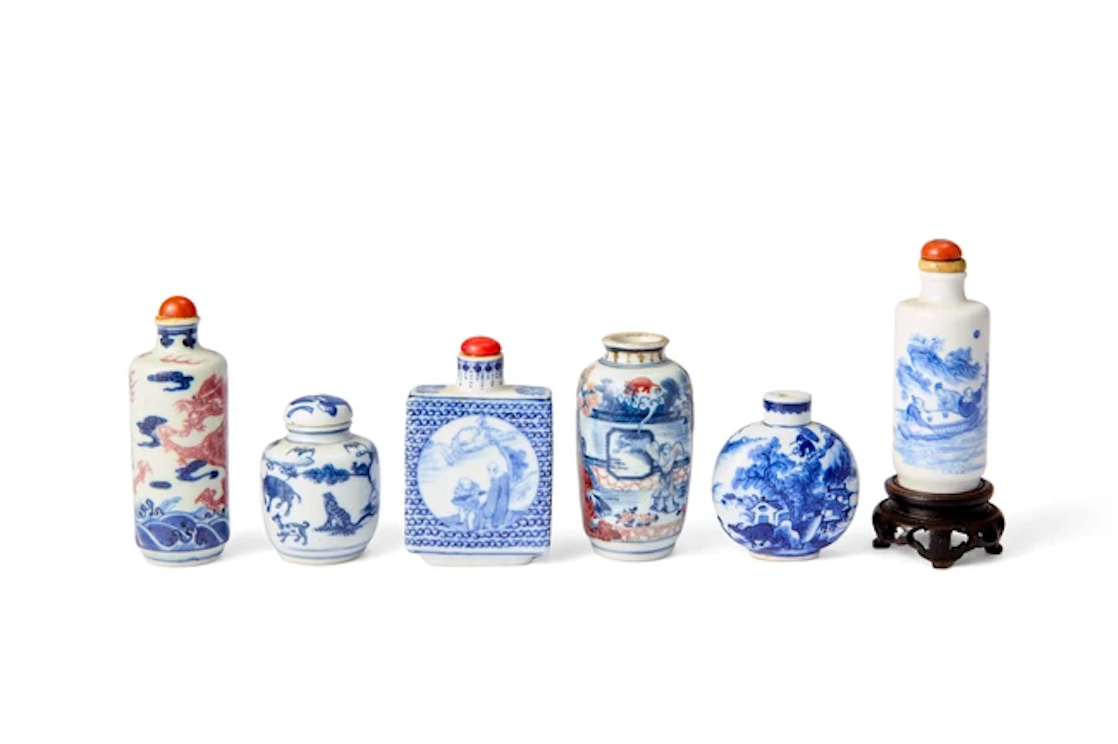 Six Chinese blue and white snuff bottles Qing dynasty