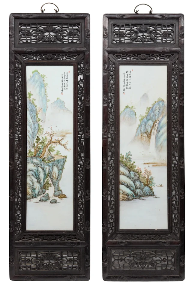 A pair of Chinese famille rose plaques Republic period...