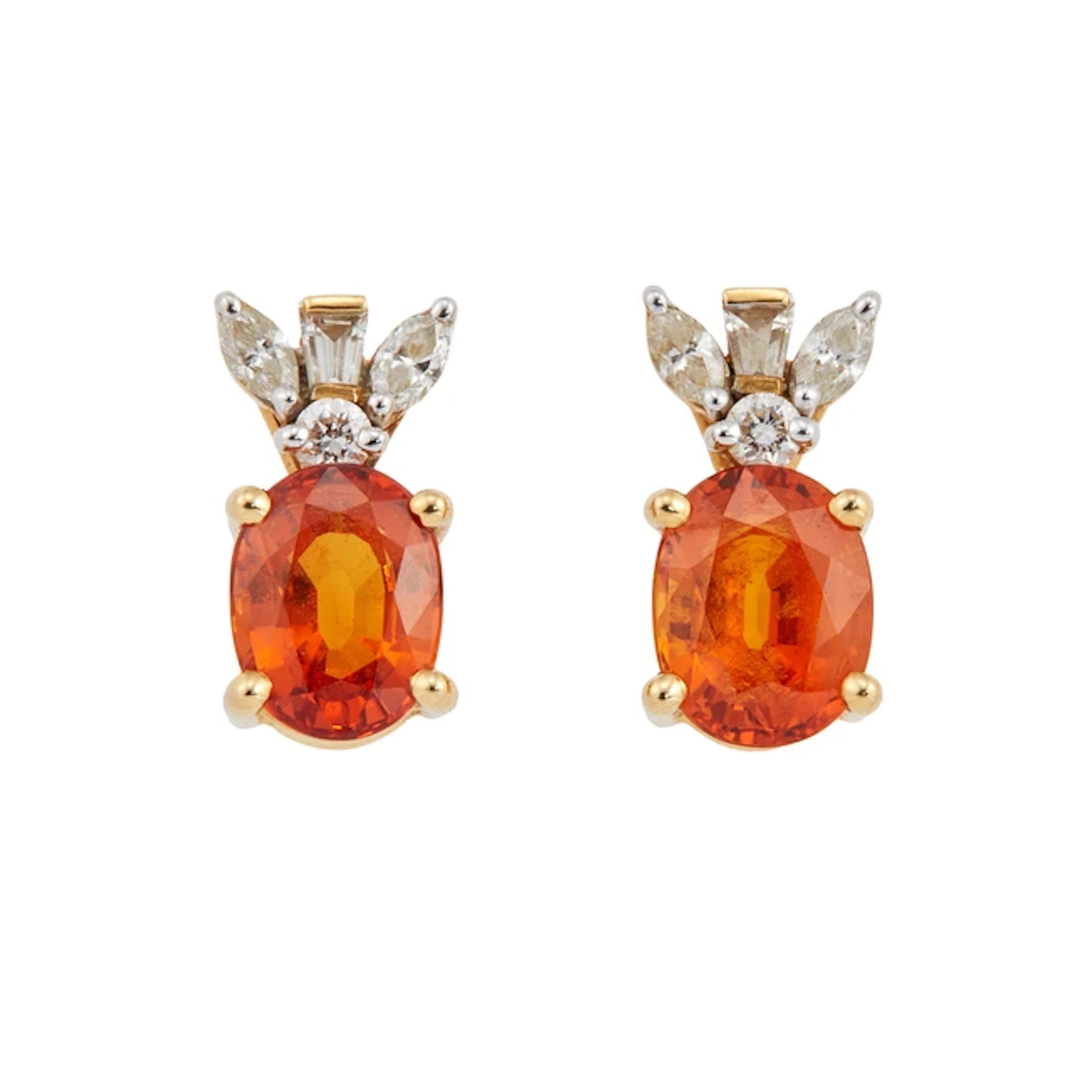 A pair of orange sapphire and diamond earrings