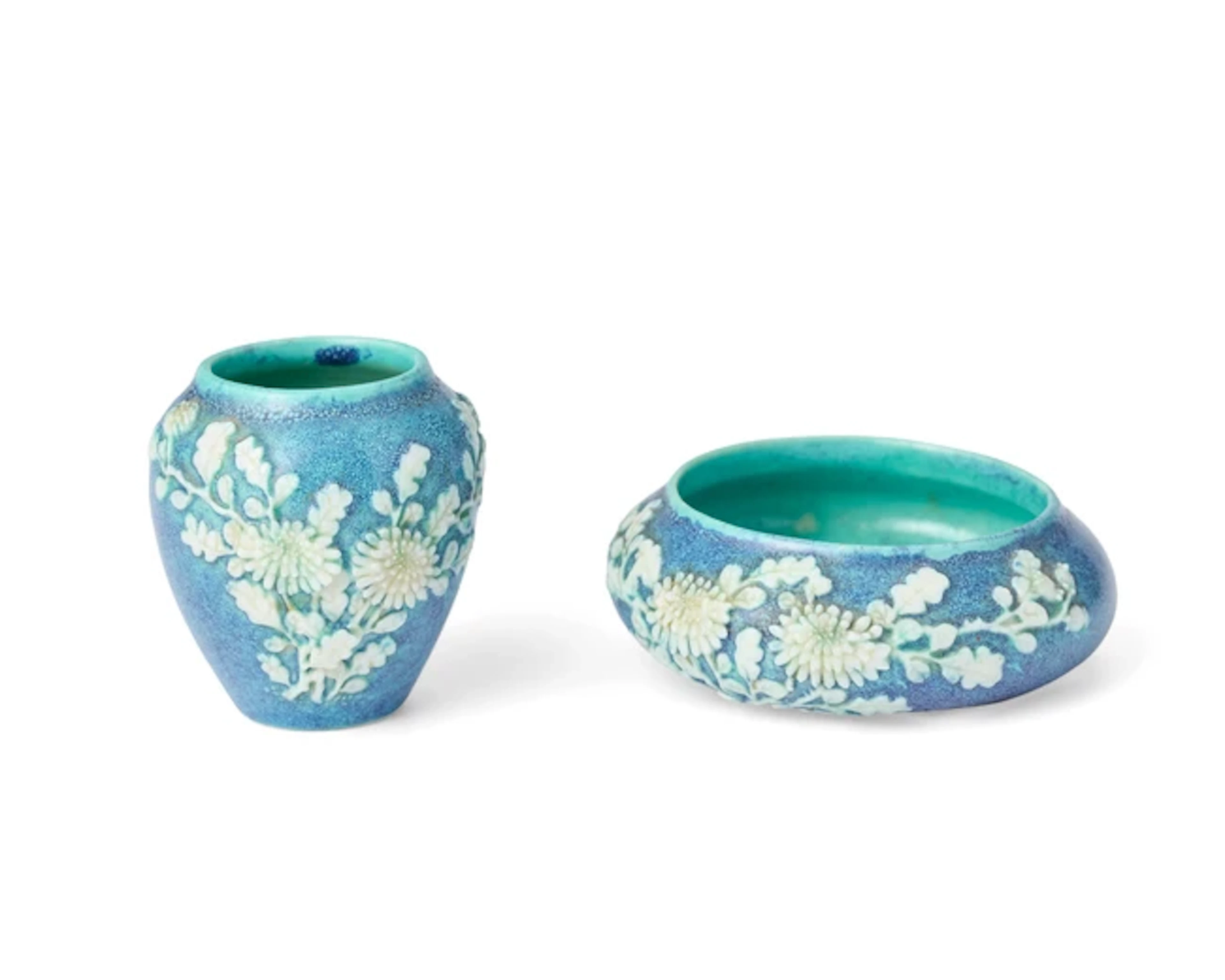 Two Chinese robin's egg-glazed bird feeders Qing dynasty