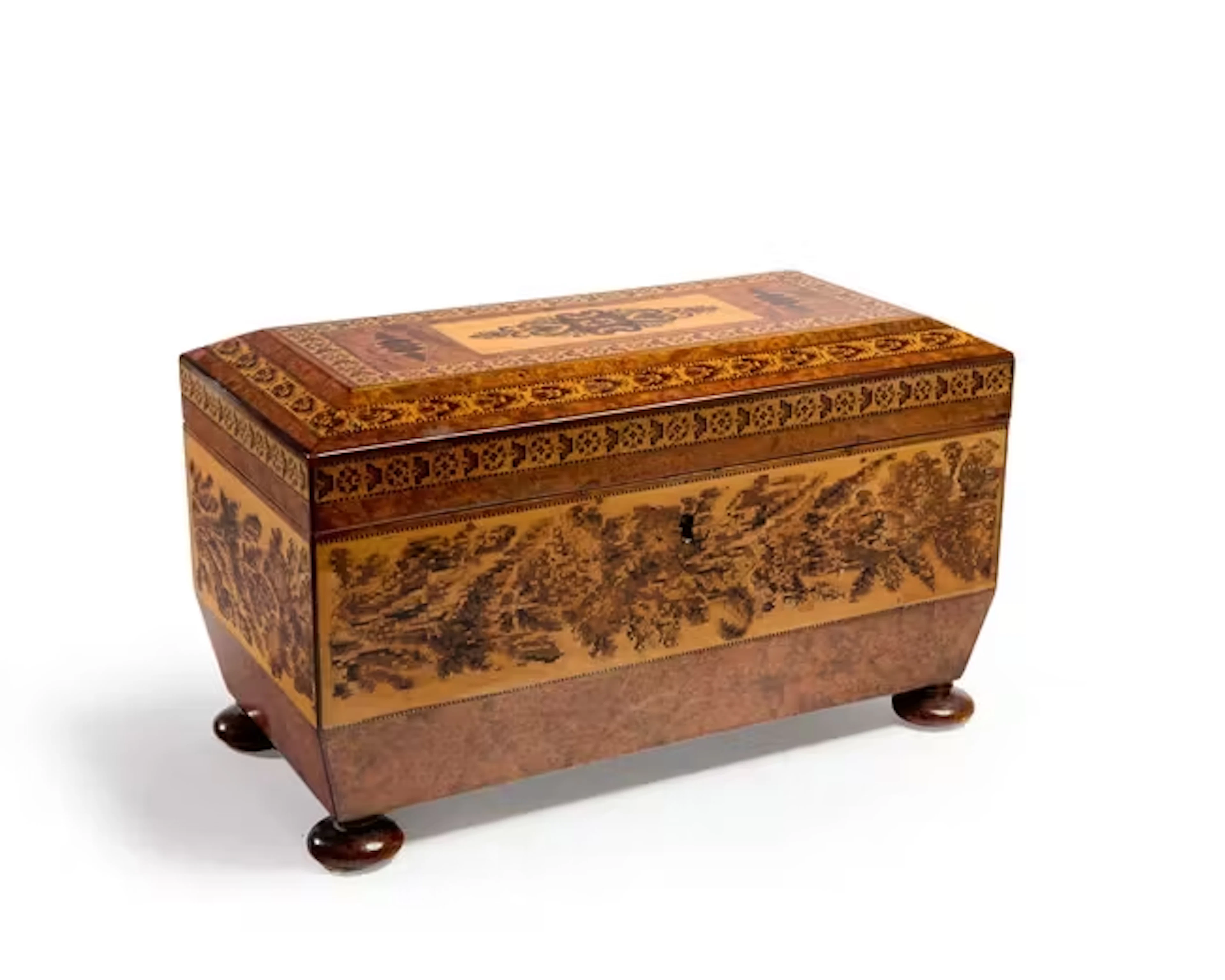 A Victorian Tunbridge Ware burr and chestnut tea caddy