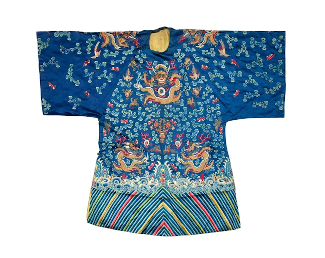 A Chinese blue silk embroidered 'dragon' robe Late Qing...