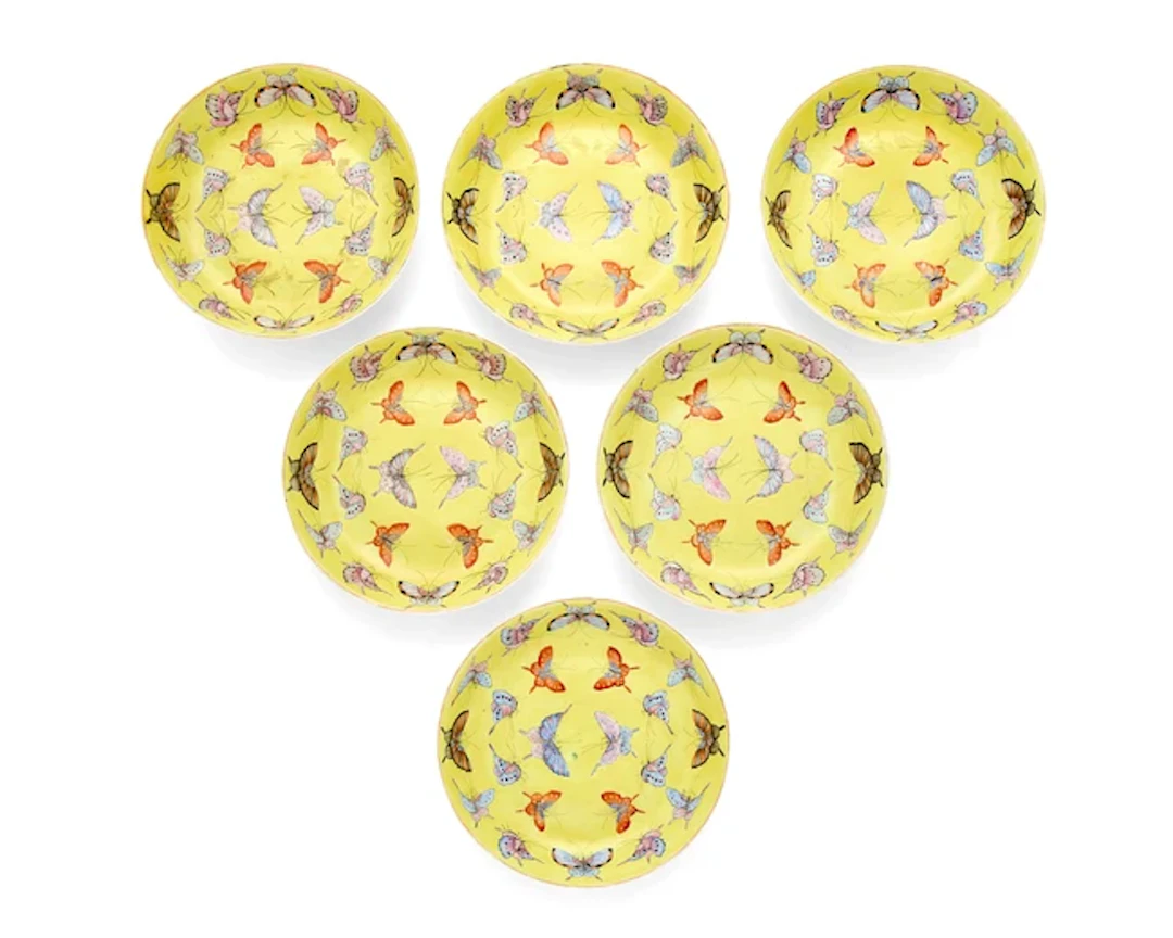Six Chinese famille rose yellow-ground ‘butterfly’ dishes Republic period