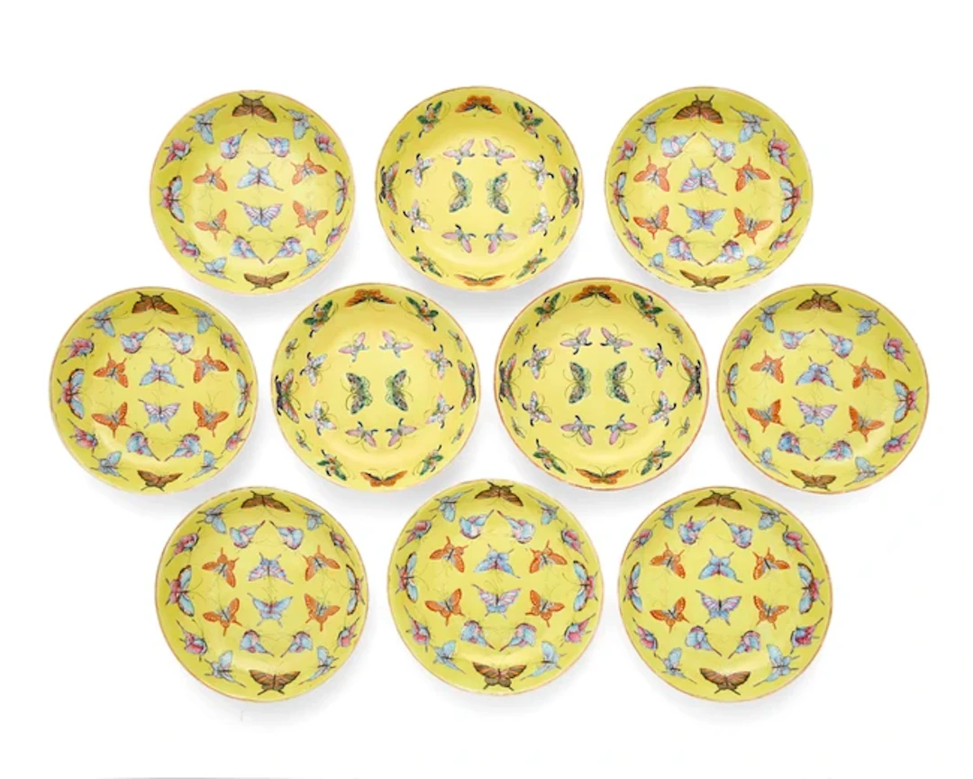 Ten Chinese famille rose yellow-ground ‘butterfly’ saucers Republic period