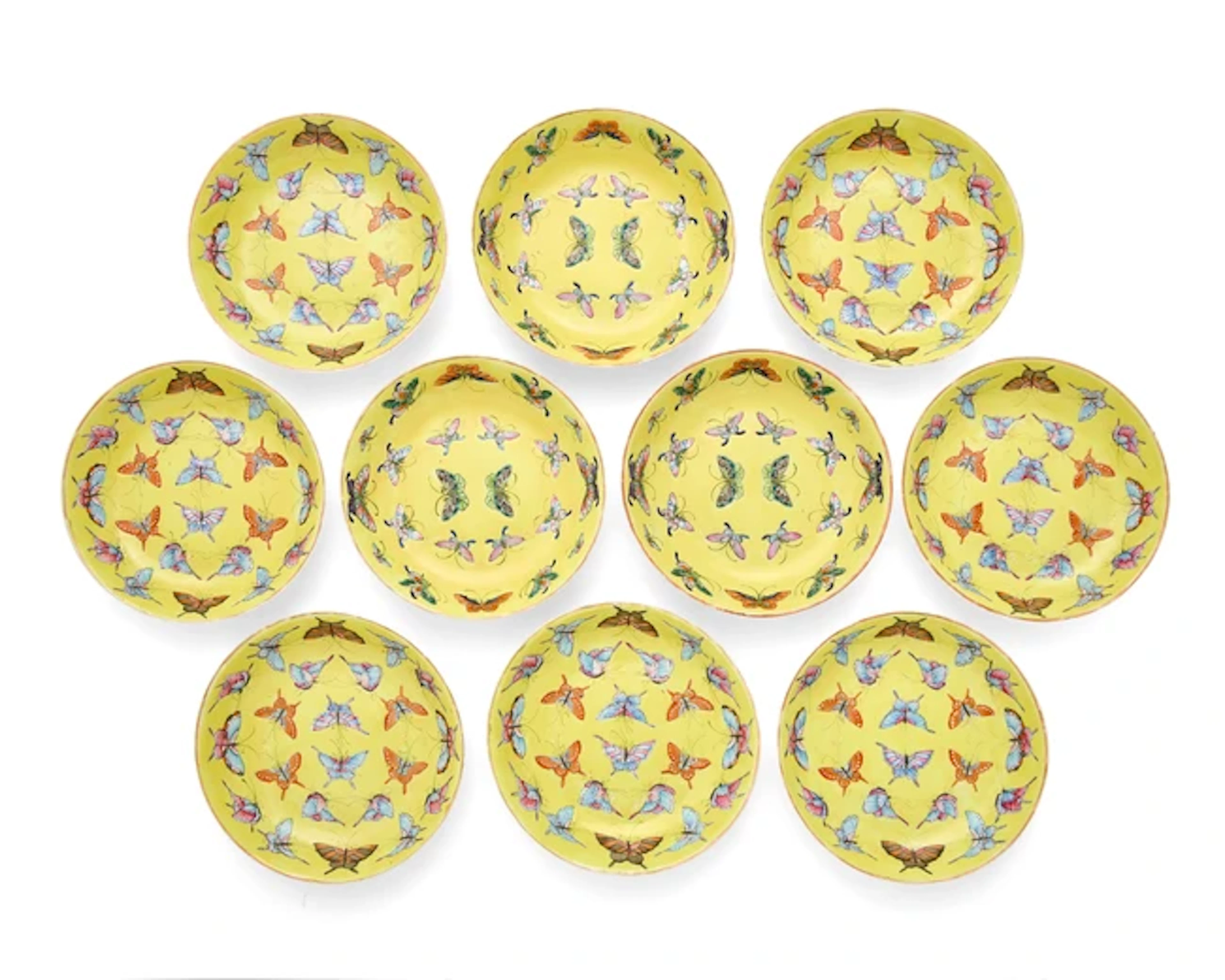 Ten Chinese famille rose yellow-ground ‘butterfly’ saucers Republic period