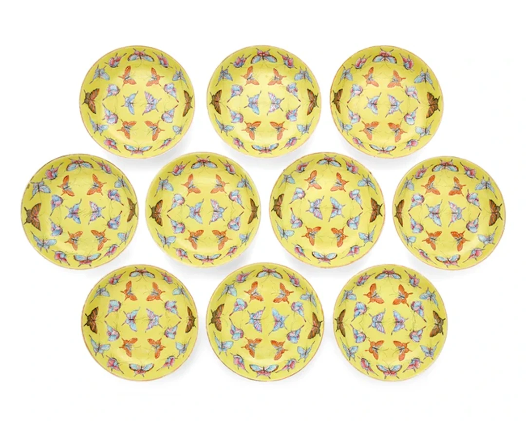 Ten Chinese famille rose yellow-ground ‘butterfly’ saucers Republic period