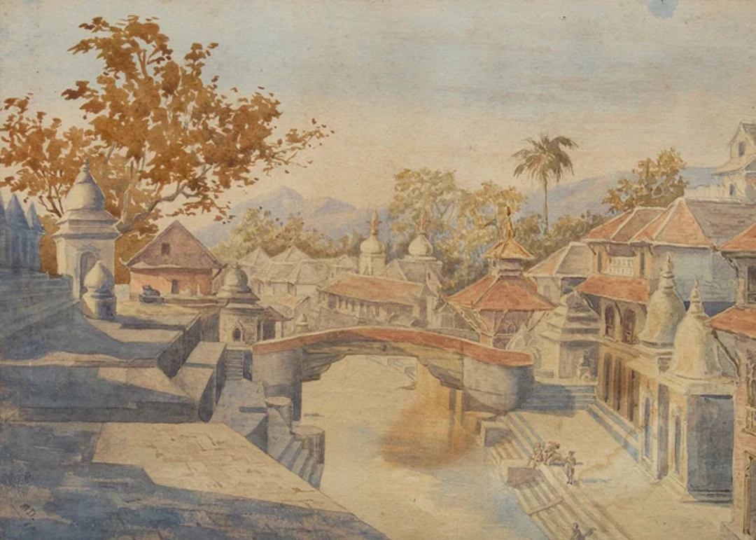 Two rare early watercolours of Nepal: The valley of Khatmandoo; and Pushpatti