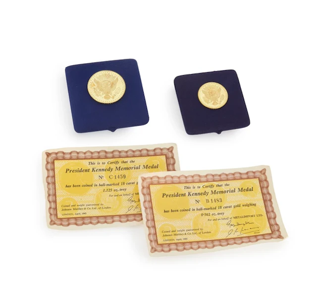 Two 18ct gold President Kennedy Memorial Medals