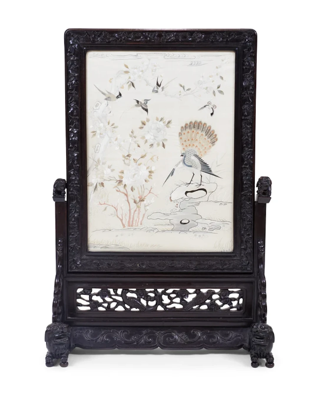 A Chinese silk embroidered panel-inset hongmu screen Qing dynasty