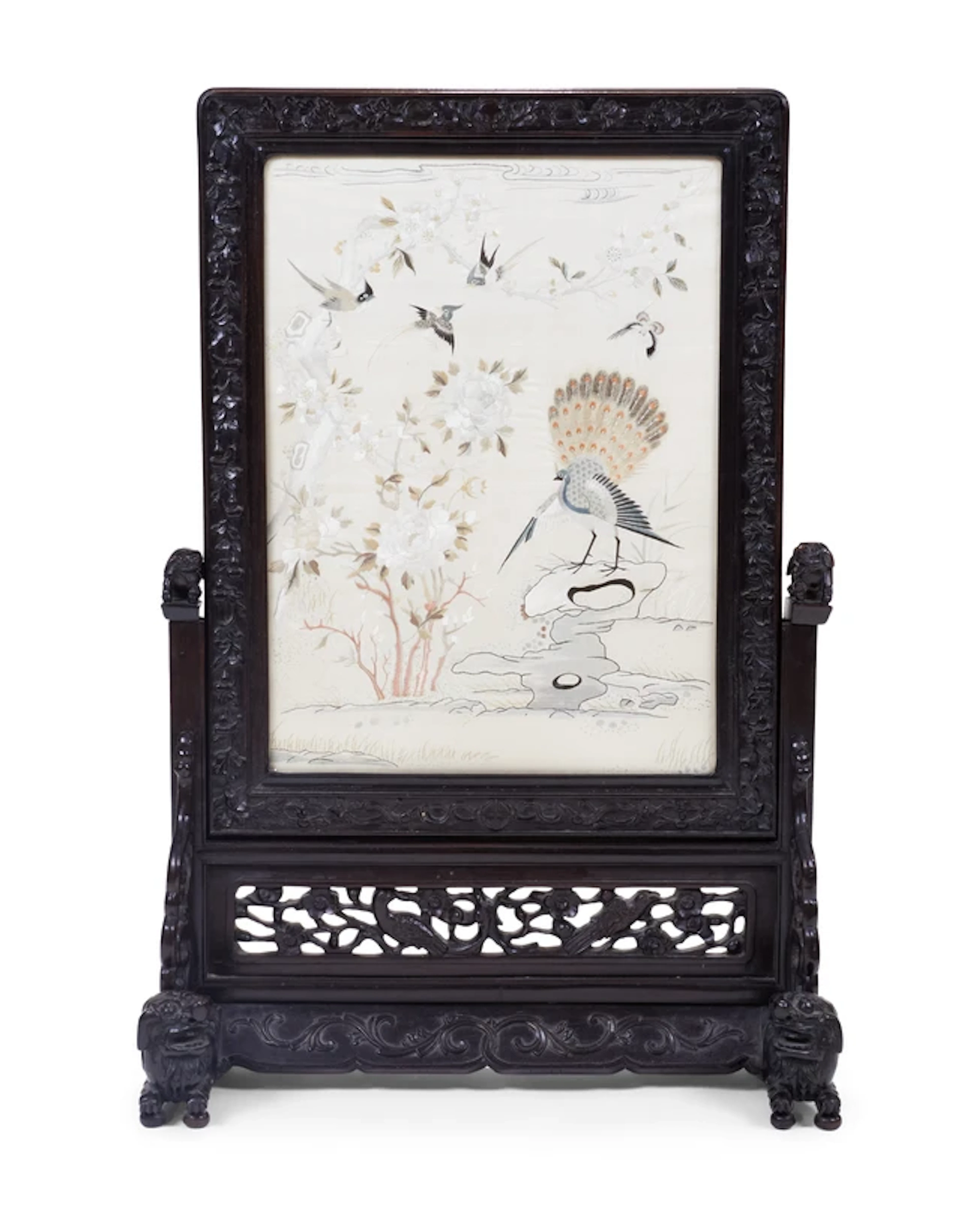 A Chinese silk embroidered panel-inset hongmu screen Qing dynasty