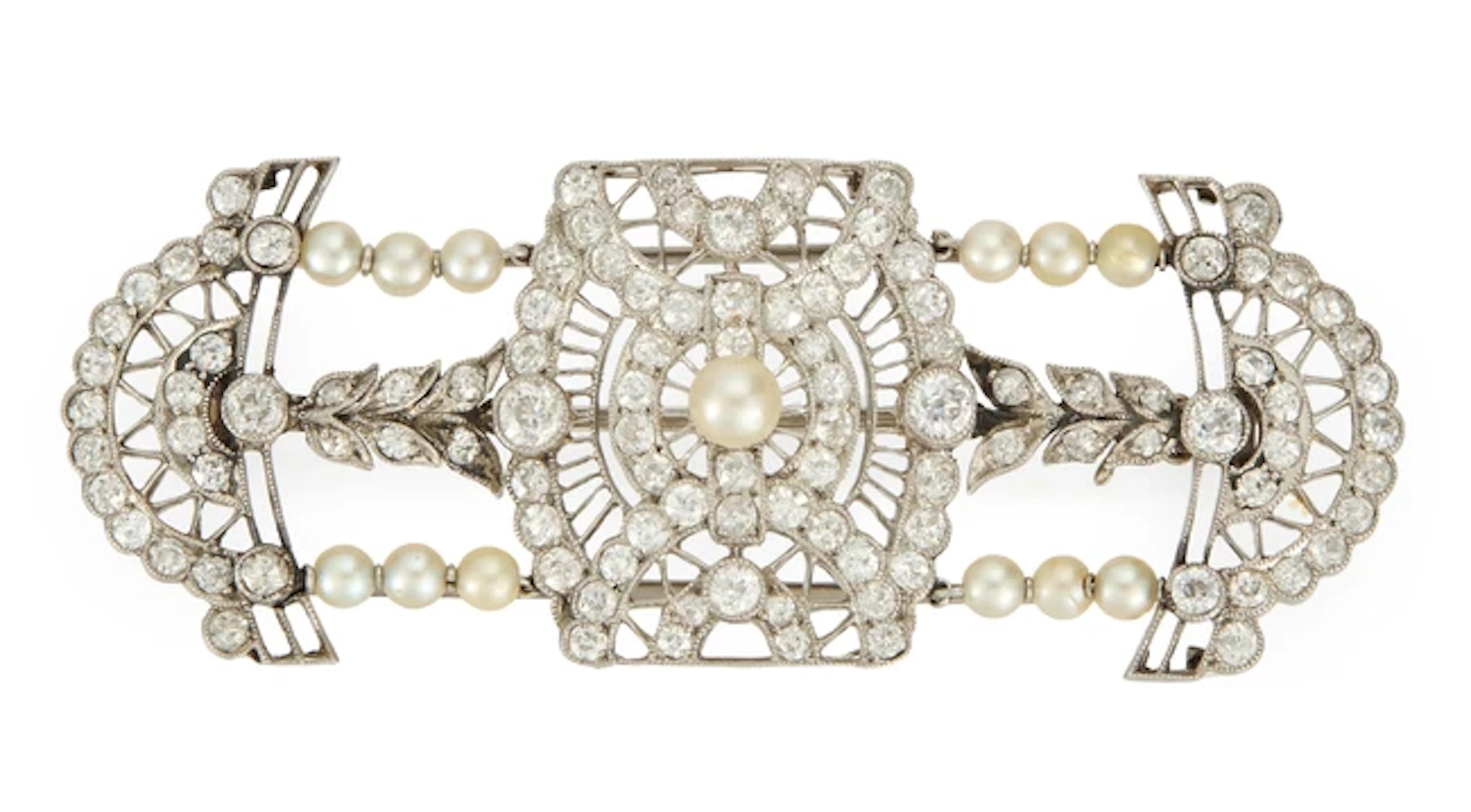 A Belle Époque diamond and pearl brooch