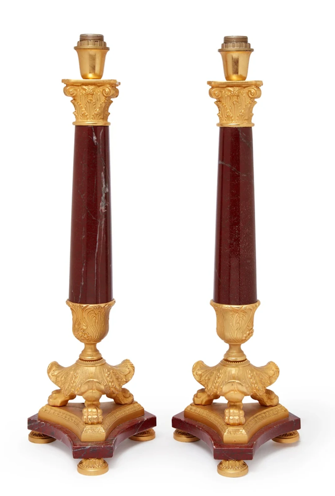 A pair of modern French gilt-metal-mounted rouge marble table lamps