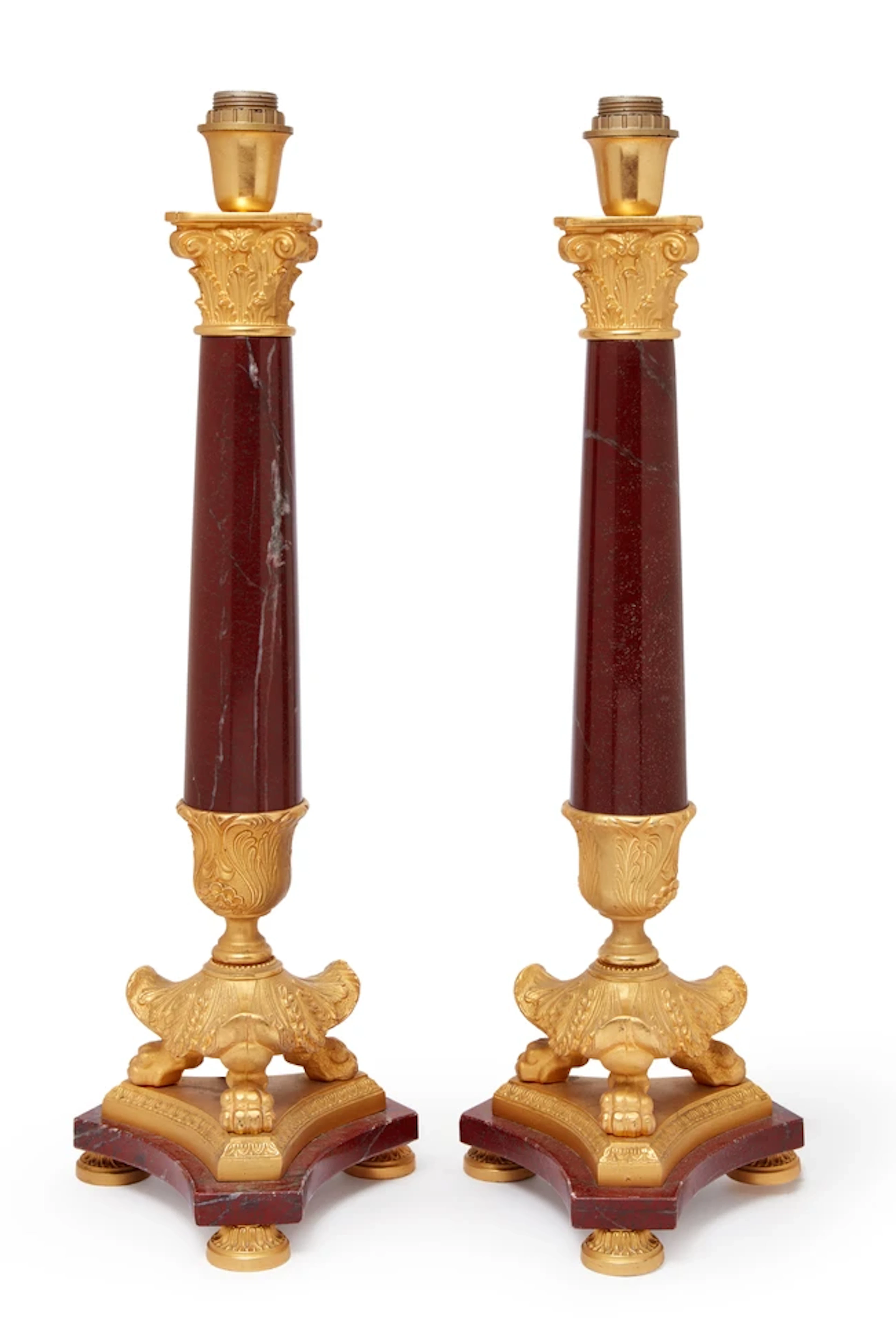 A pair of modern French gilt-metal-mounted rouge marble table lamps