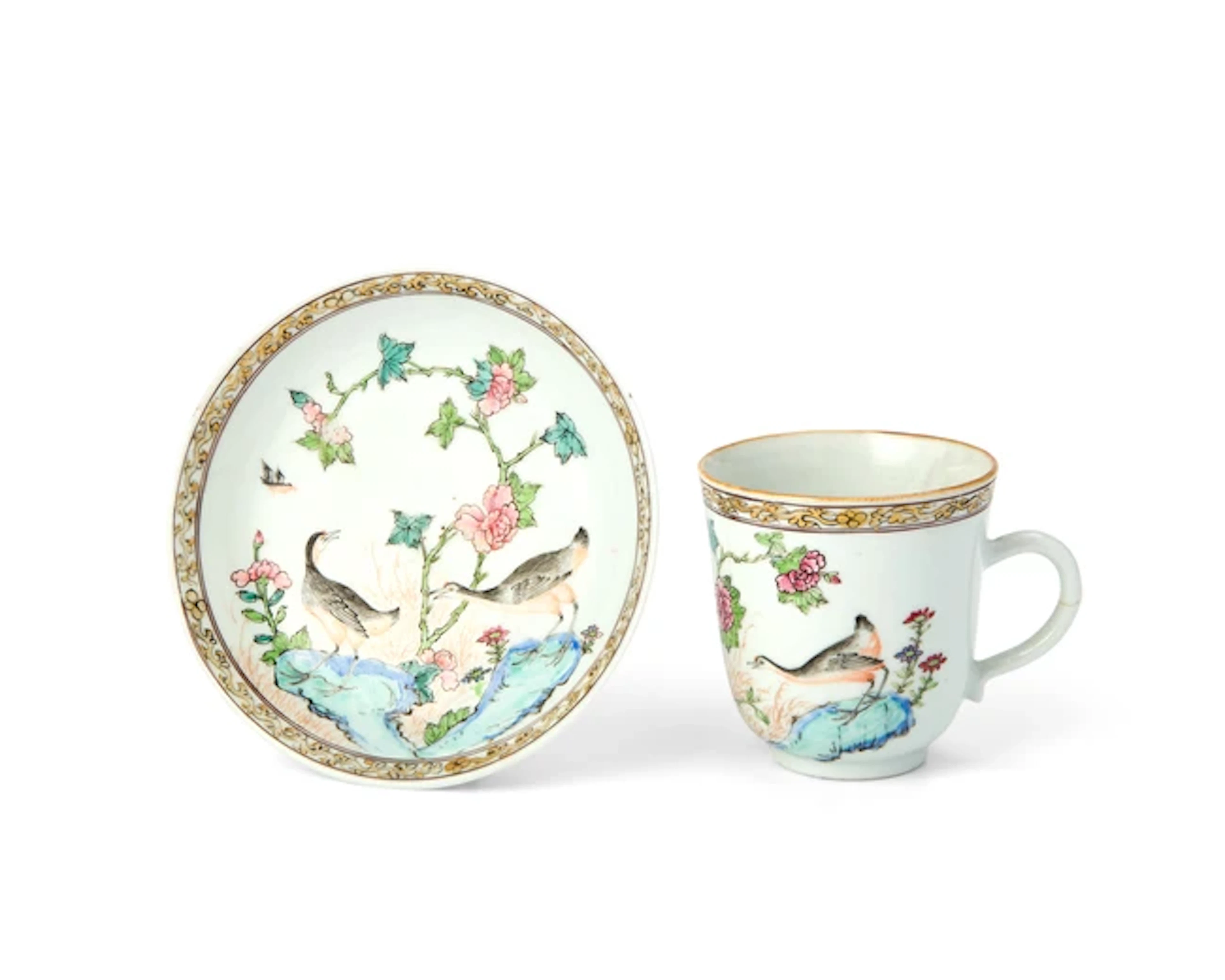 A Chinese famille rose export 'herons' coffee cup and saucer Qing dynasty