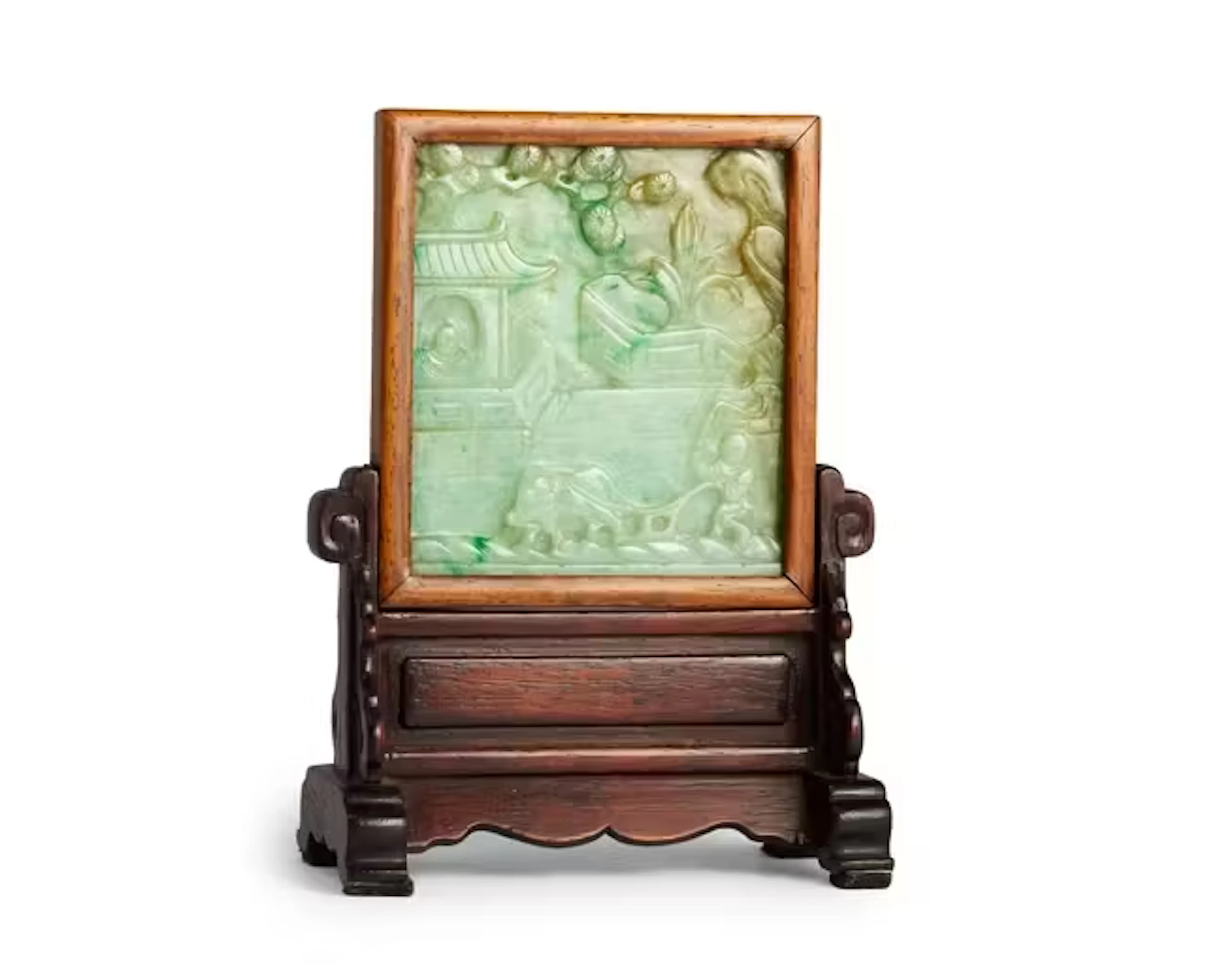 A small Chinese jadeite plaque mounted as a table screen Qing dynasty