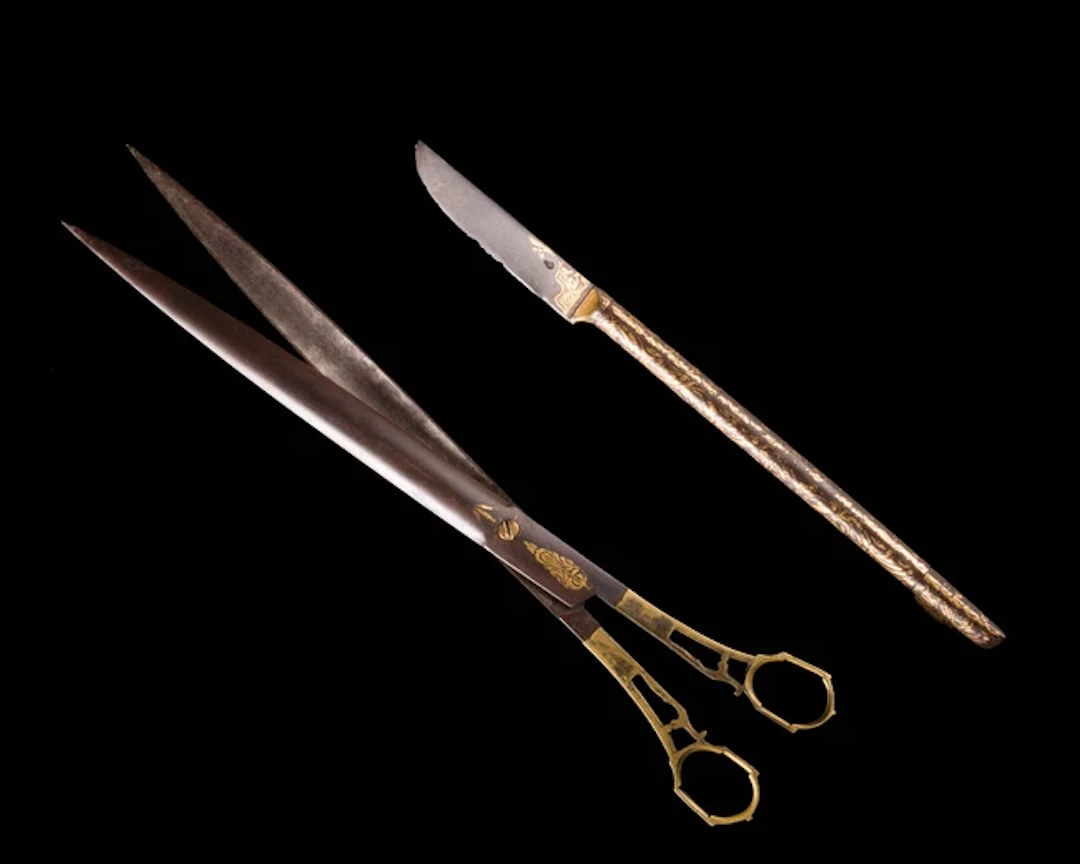 An Ottoman damascened steel pair of calligrapher scissors and knife