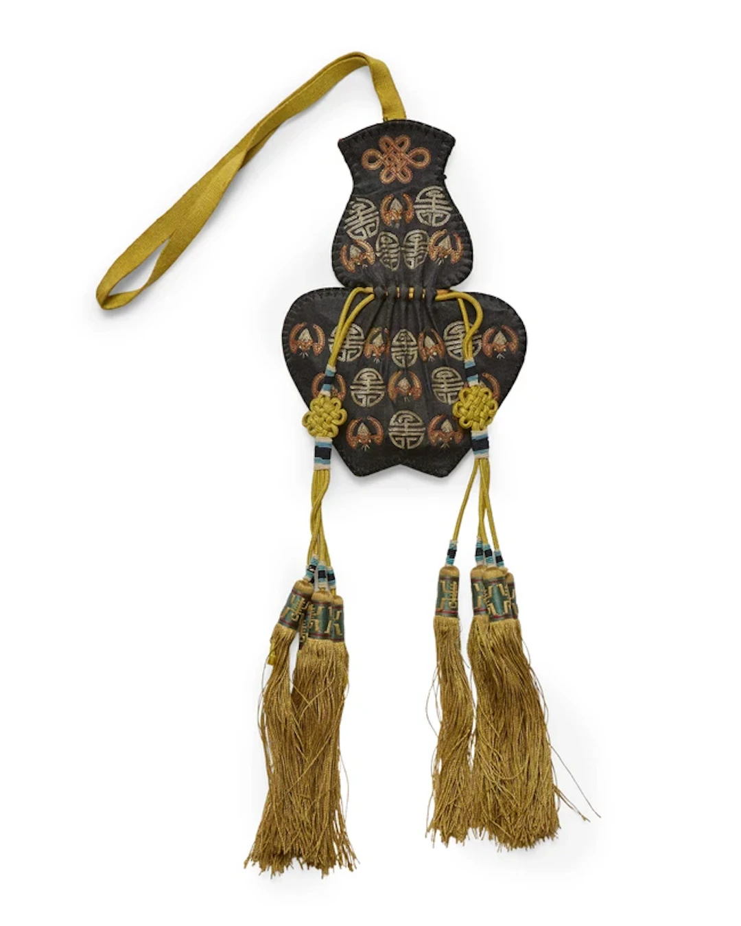 A rare Chinese double-gourd-shaped embroidered silk purse Qing dynasty