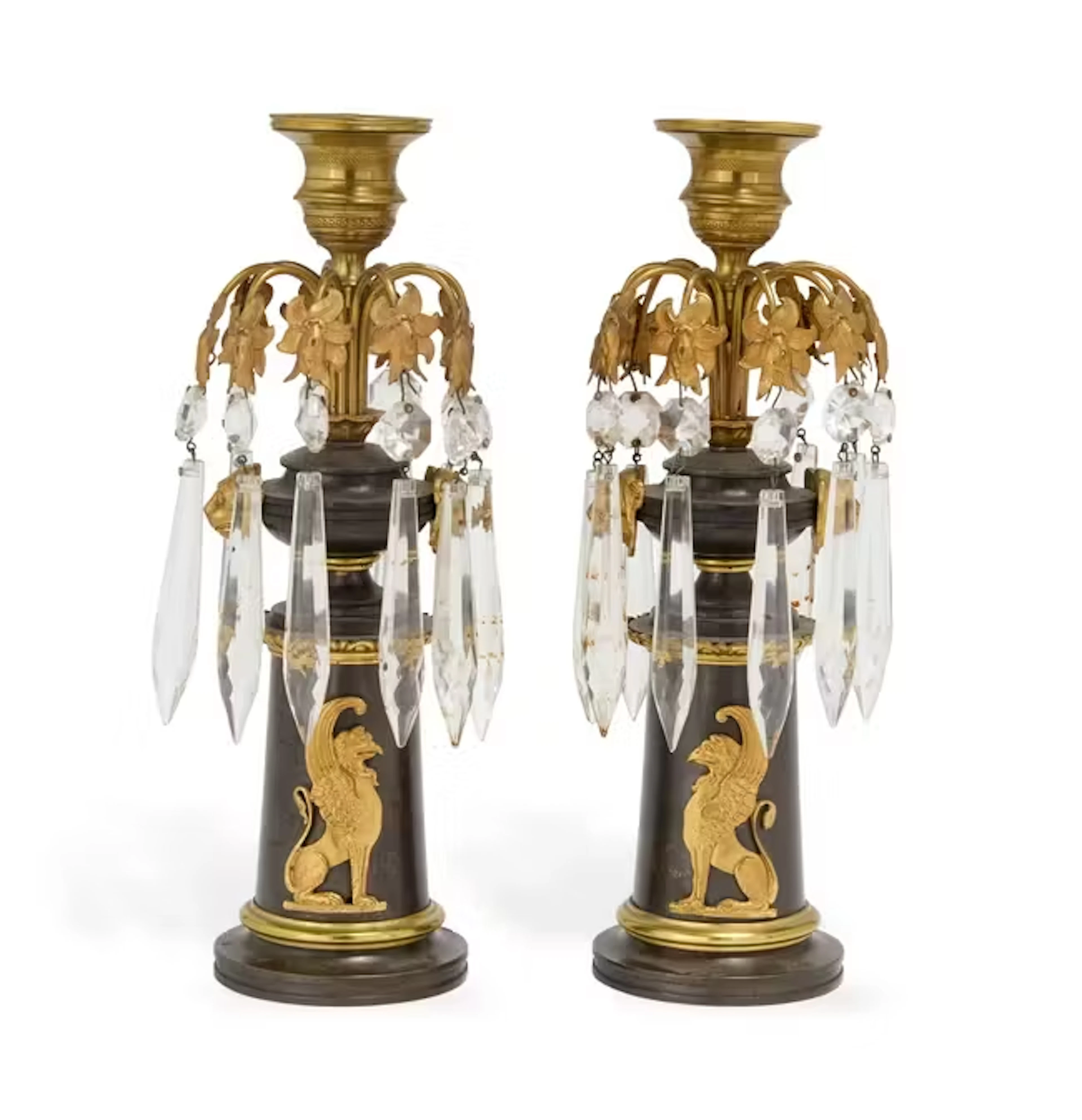 A pair of Regency gilt and patinated bronze lustre candlesticks