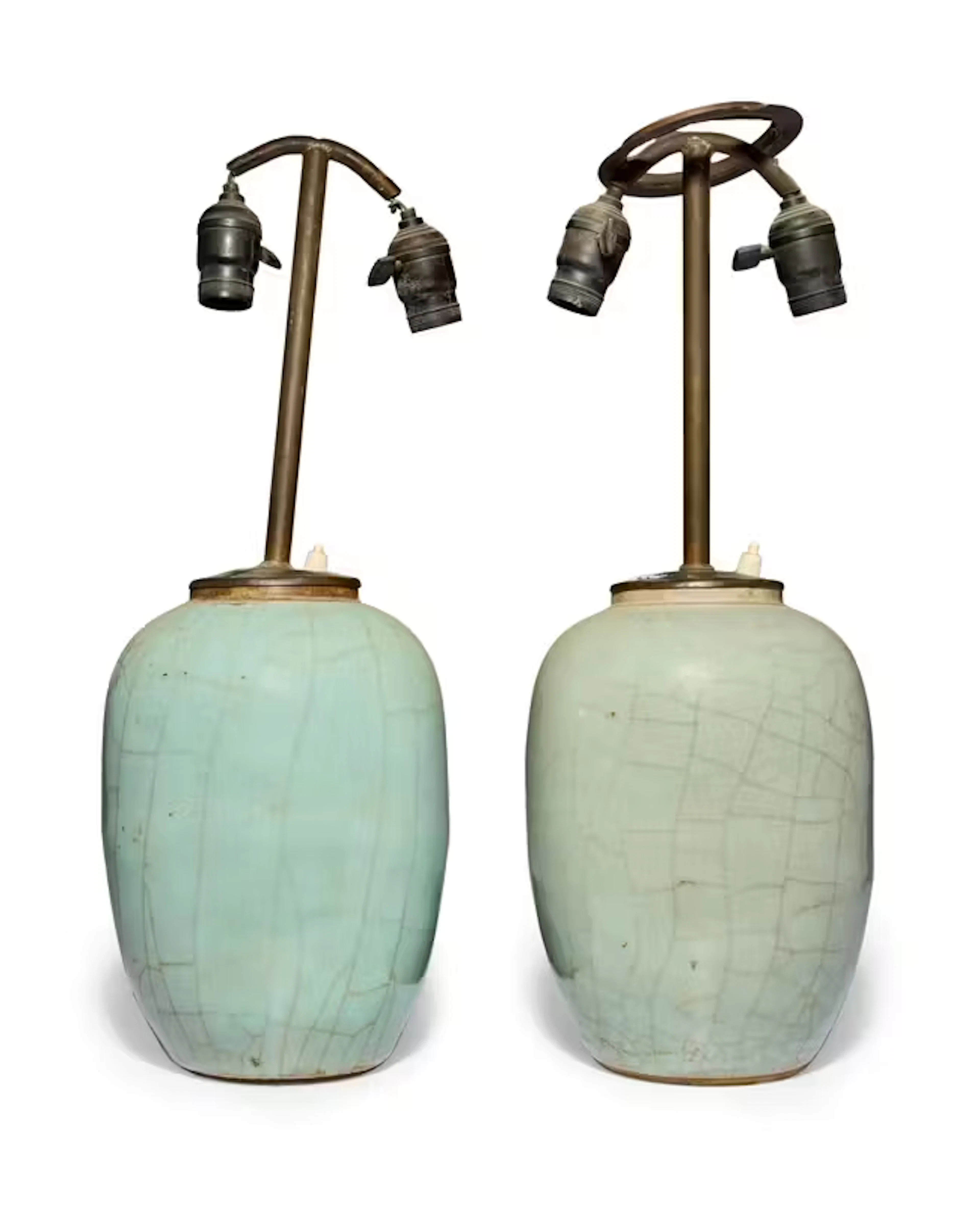 A pair of Chinese bronze-mounted ge-type ovoid jars The porcelain